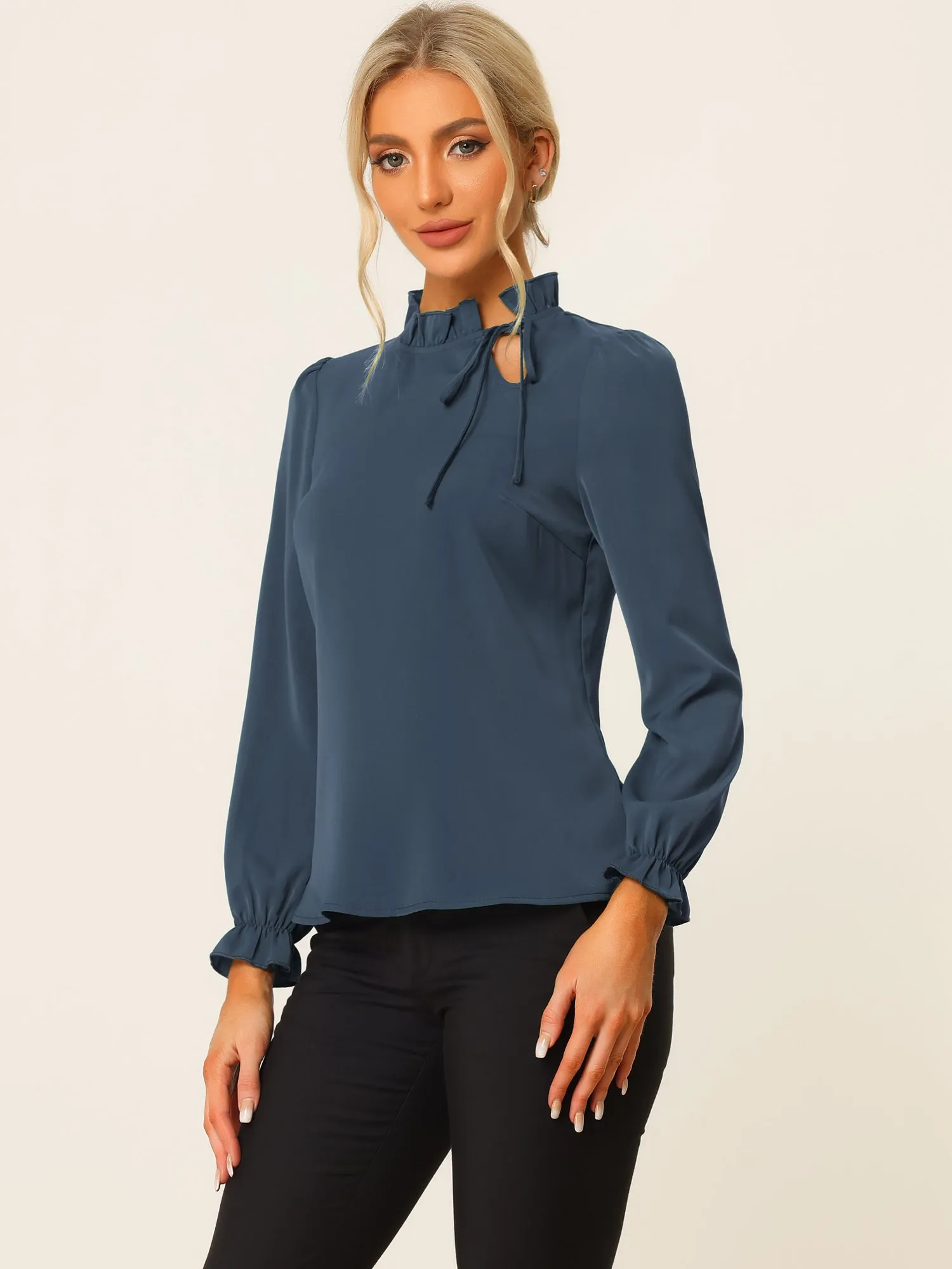 Elegant Long Sleeve Blouse Ruffle Tie Neck Business Work Top
