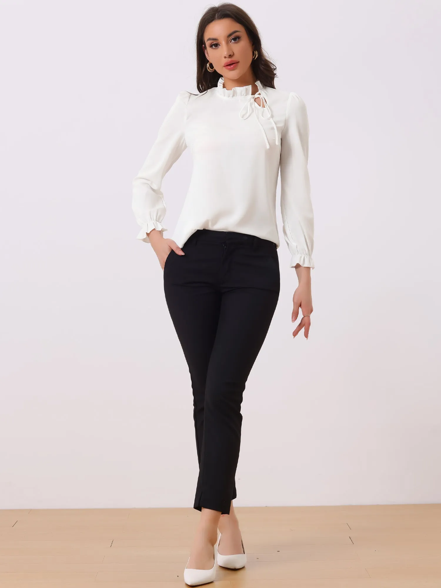 Elegant Long Sleeve Blouse Ruffle Tie Neck Business Work Top