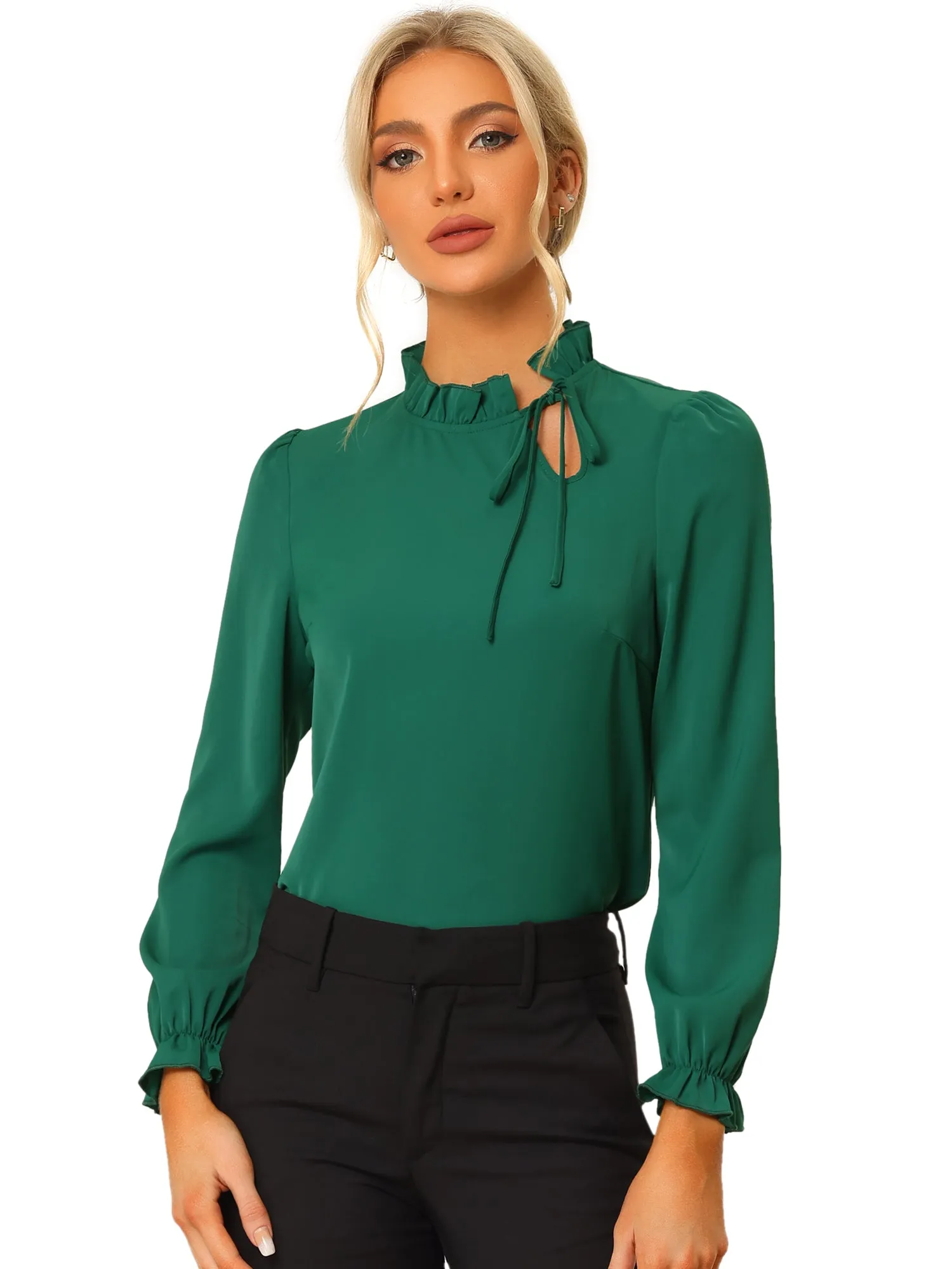 Elegant Long Sleeve Blouse Ruffle Tie Neck Business Work Top