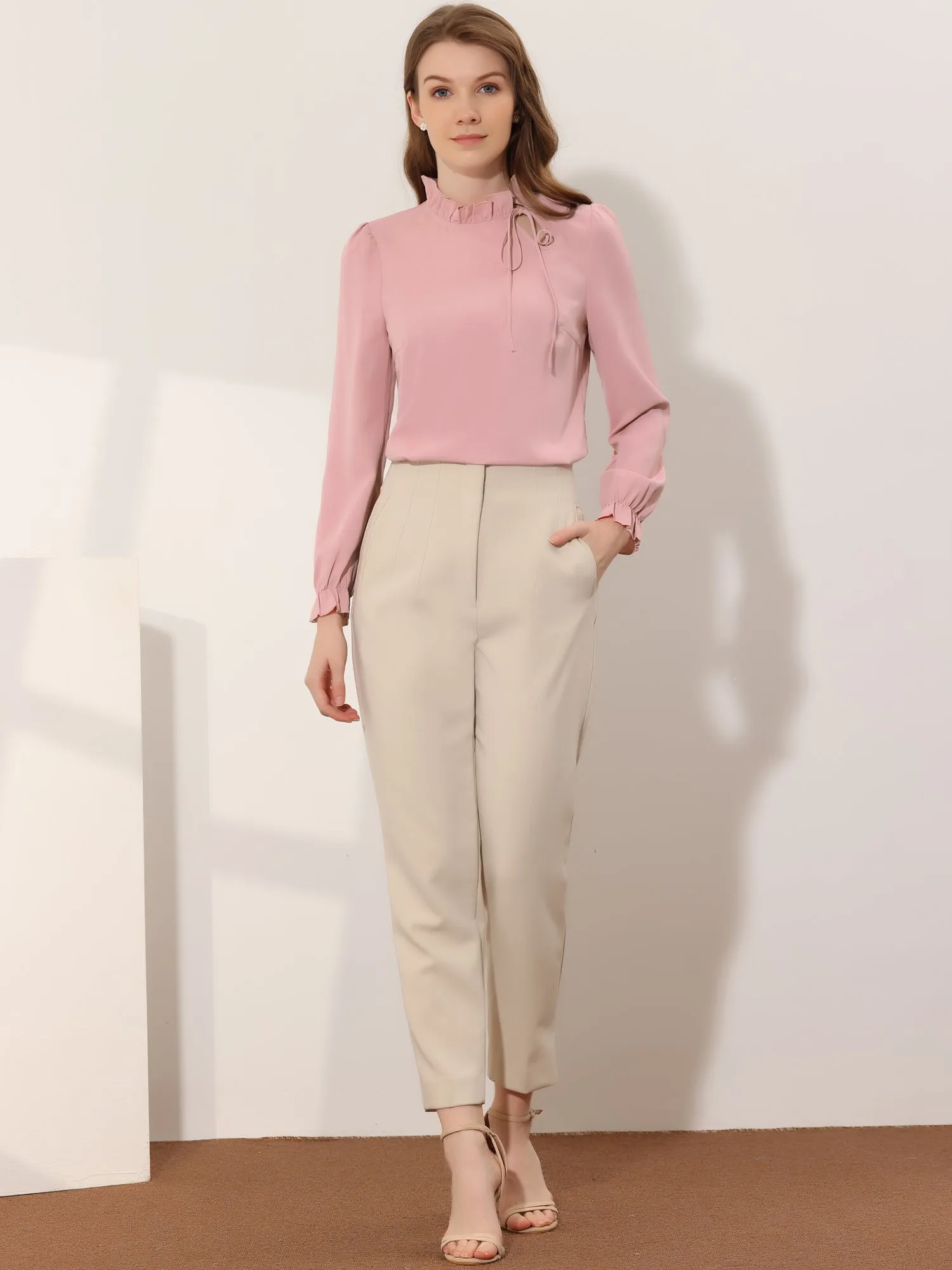 Elegant Long Sleeve Blouse Ruffle Tie Neck Business Work Top