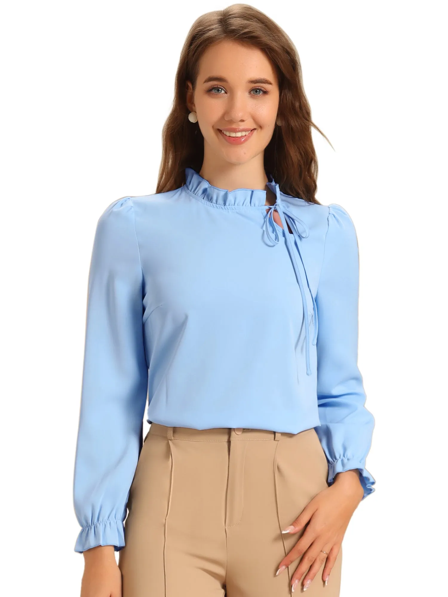Elegant Long Sleeve Blouse Ruffle Tie Neck Business Work Top