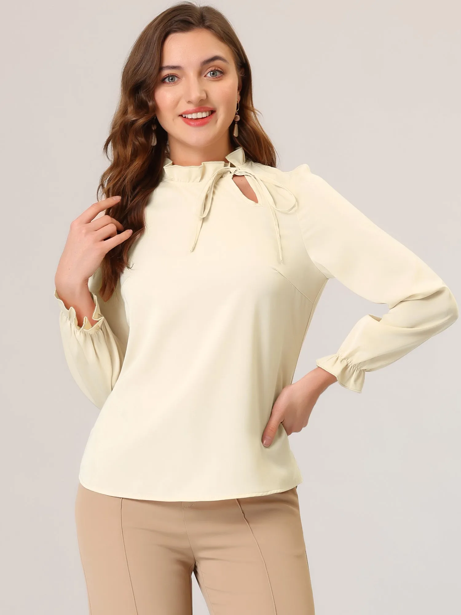 Elegant Long Sleeve Blouse Ruffle Tie Neck Business Work Top
