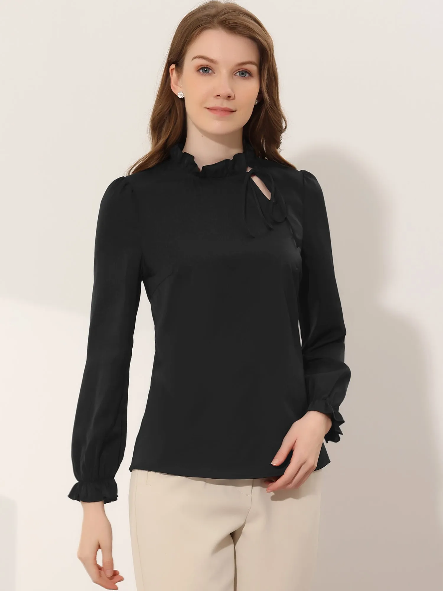 Elegant Long Sleeve Blouse Ruffle Tie Neck Business Work Top