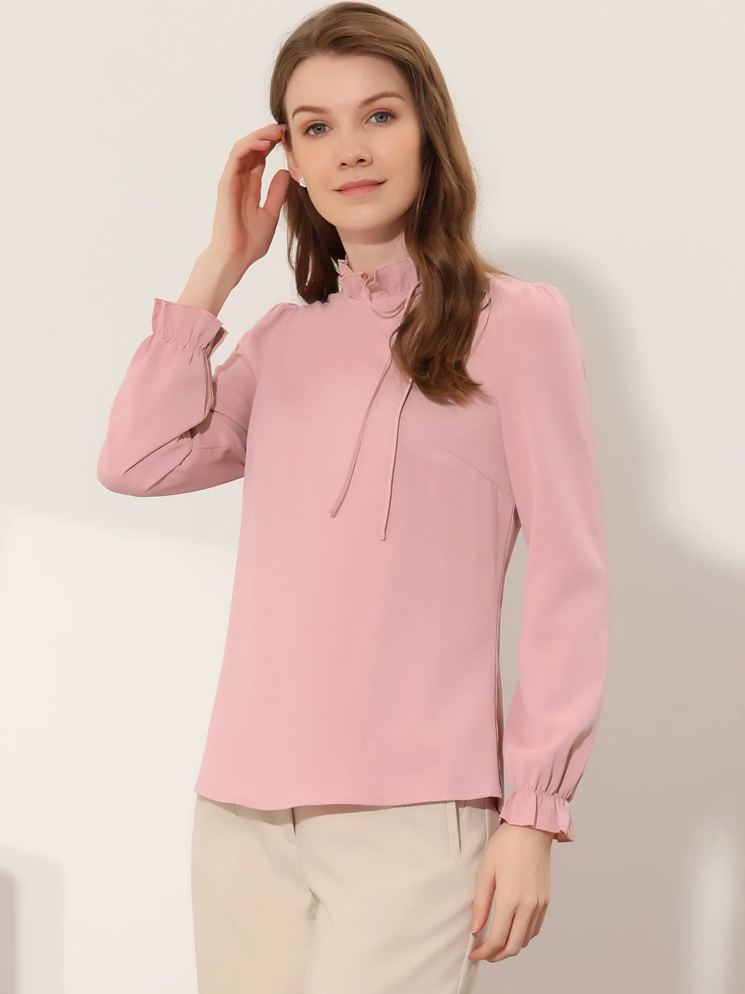 Elegant Long Sleeve Blouse Ruffle Tie Neck Business Work Top
