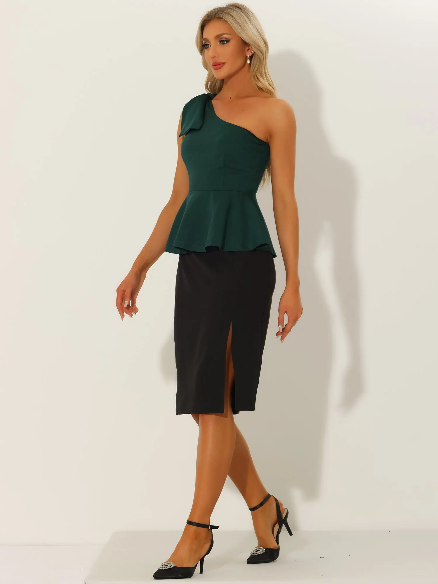 Elegant Peplum Bow Ruffled Hem One Shoulder Top