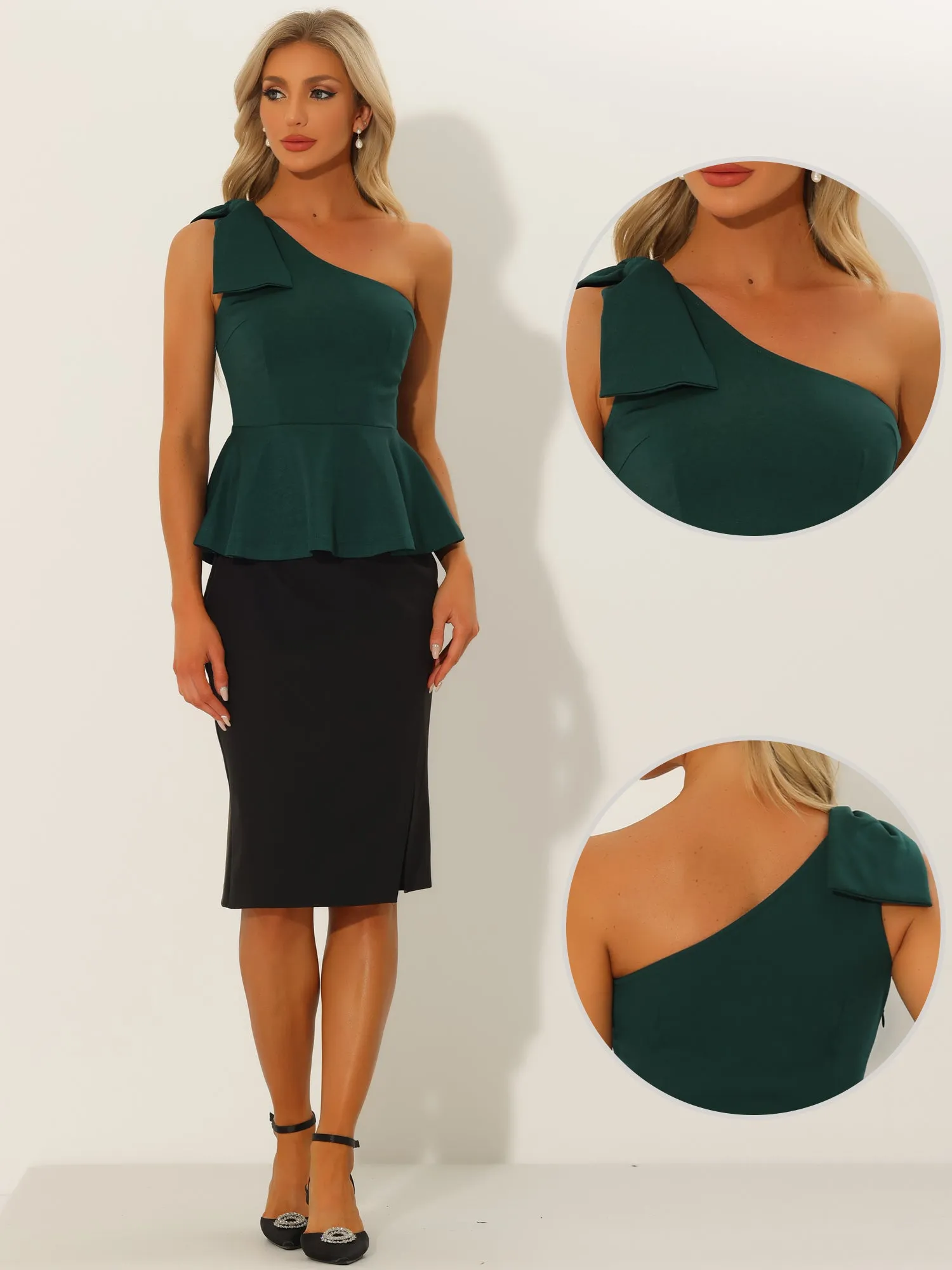 Elegant Peplum Bow Ruffled Hem One Shoulder Top