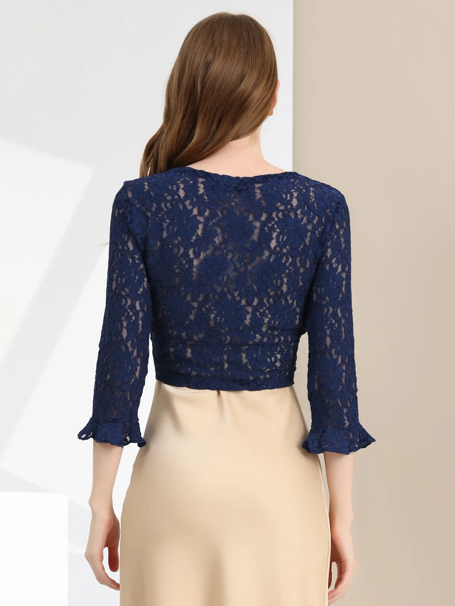 Elegant Ruffle 3/4 Sleeve Cropped Tie Front Lace Bolero Shrug