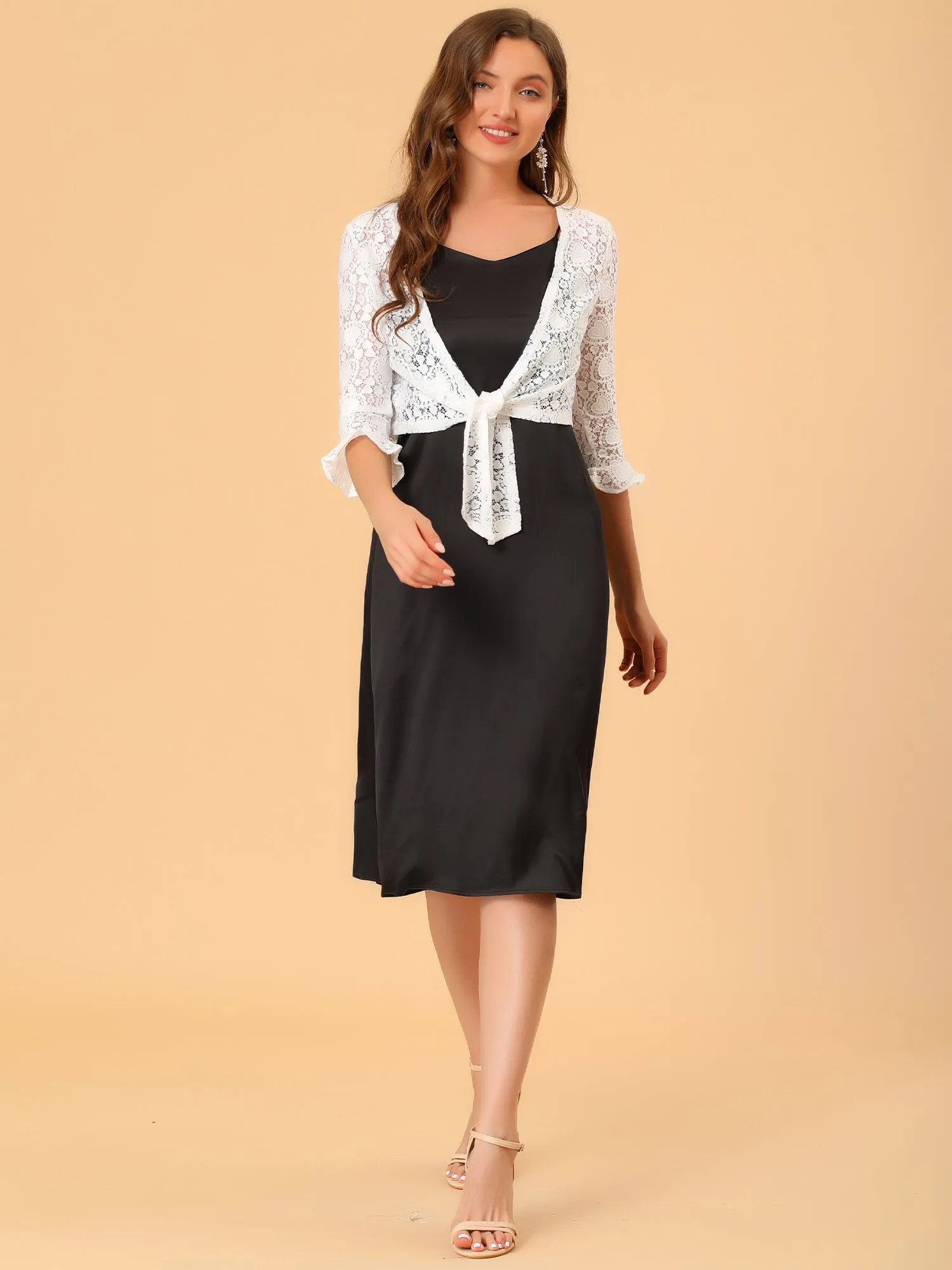 Elegant Ruffle 3/4 Sleeve Cropped Tie Front Lace Bolero Shrug