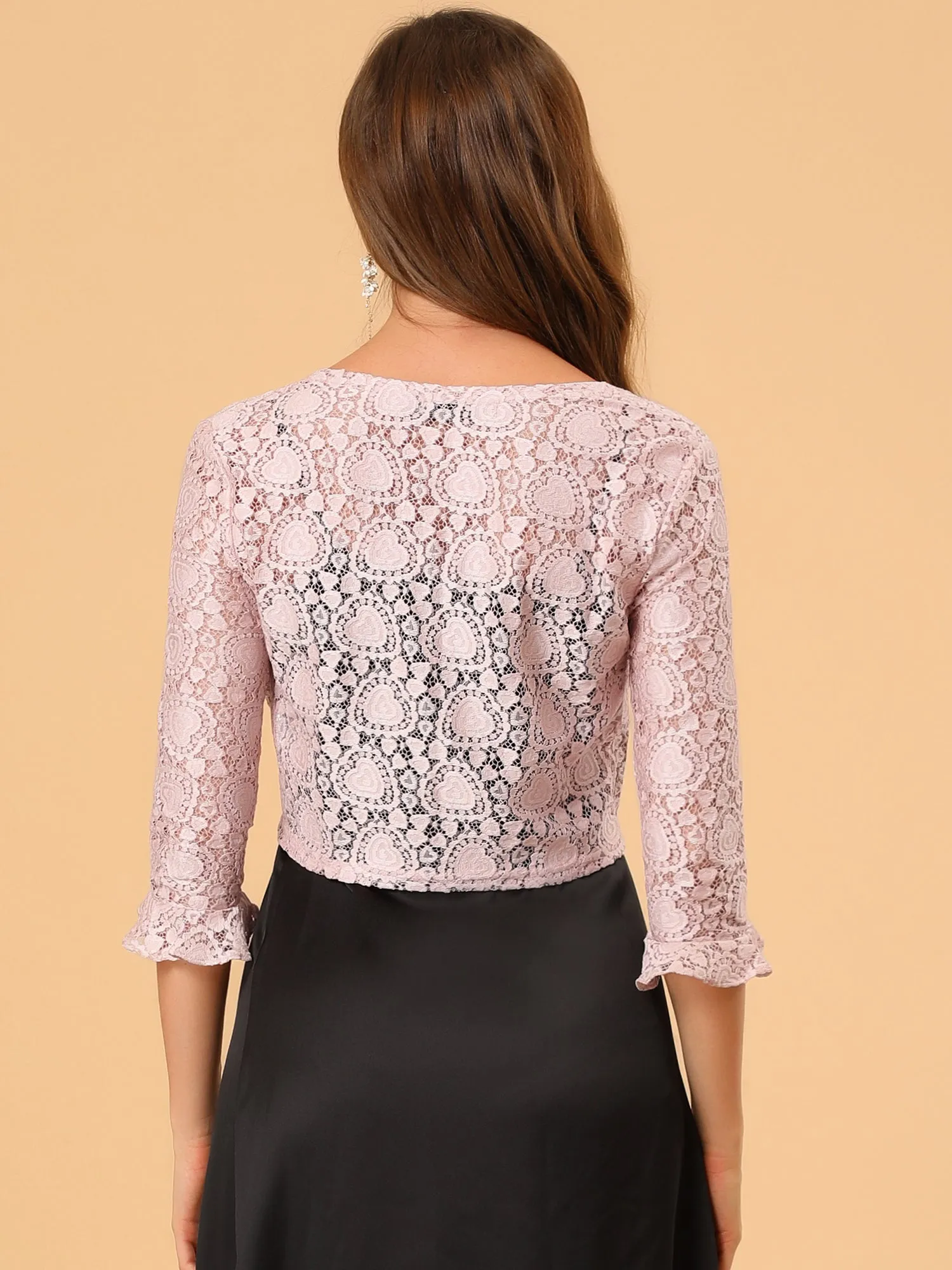 Elegant Ruffle 3/4 Sleeve Cropped Tie Front Lace Bolero Shrug