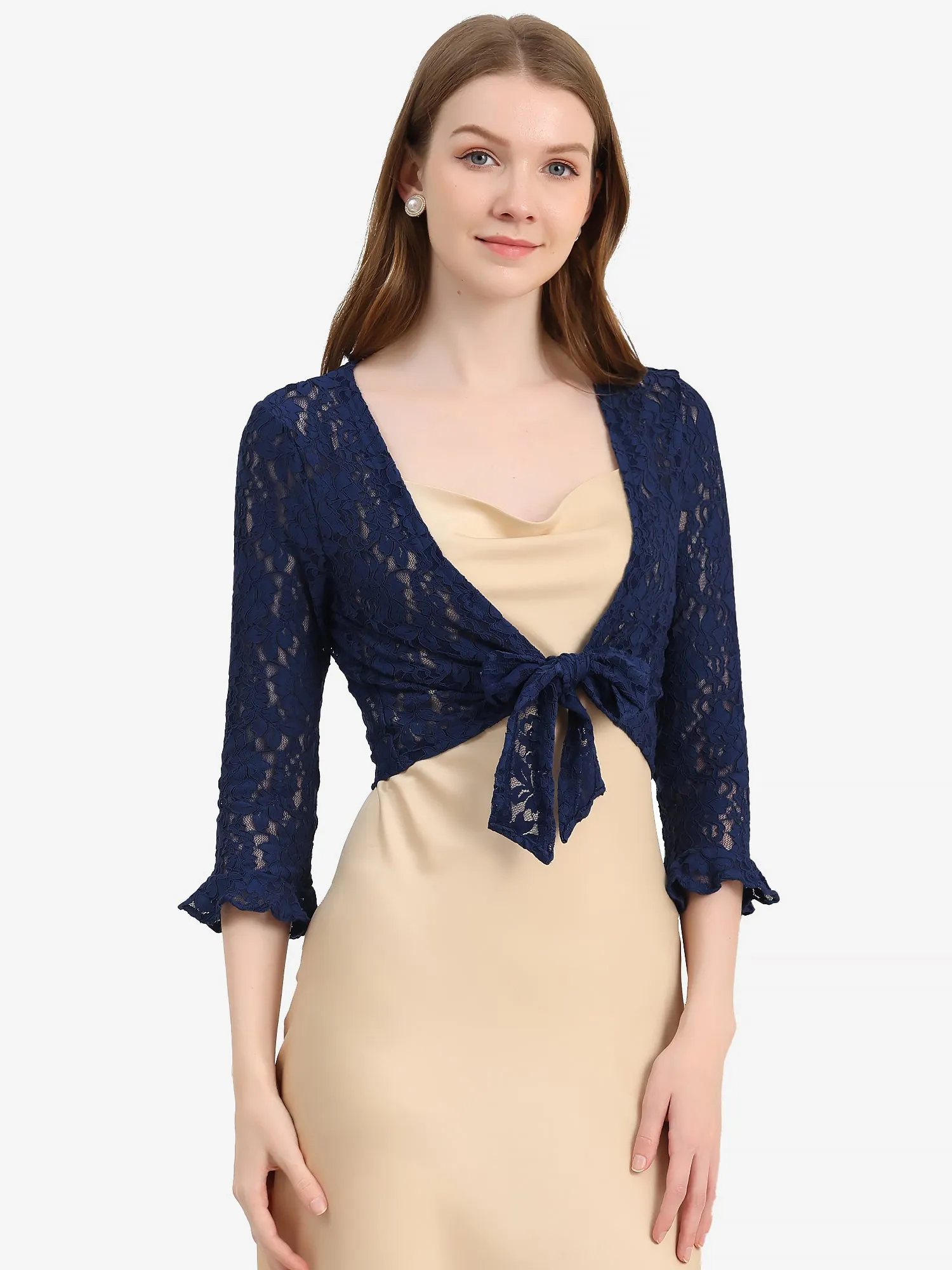 Elegant Ruffle 3/4 Sleeve Cropped Tie Front Lace Bolero Shrug