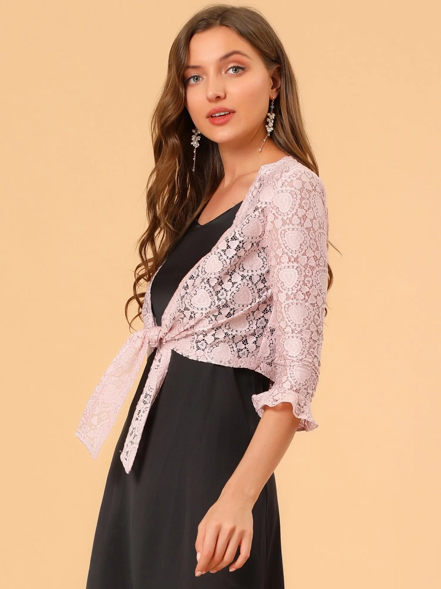 Elegant Ruffle 3/4 Sleeve Cropped Tie Front Lace Bolero Shrug
