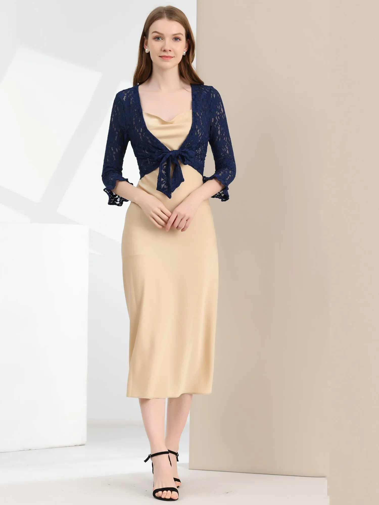 Elegant Ruffle 3/4 Sleeve Cropped Tie Front Lace Bolero Shrug