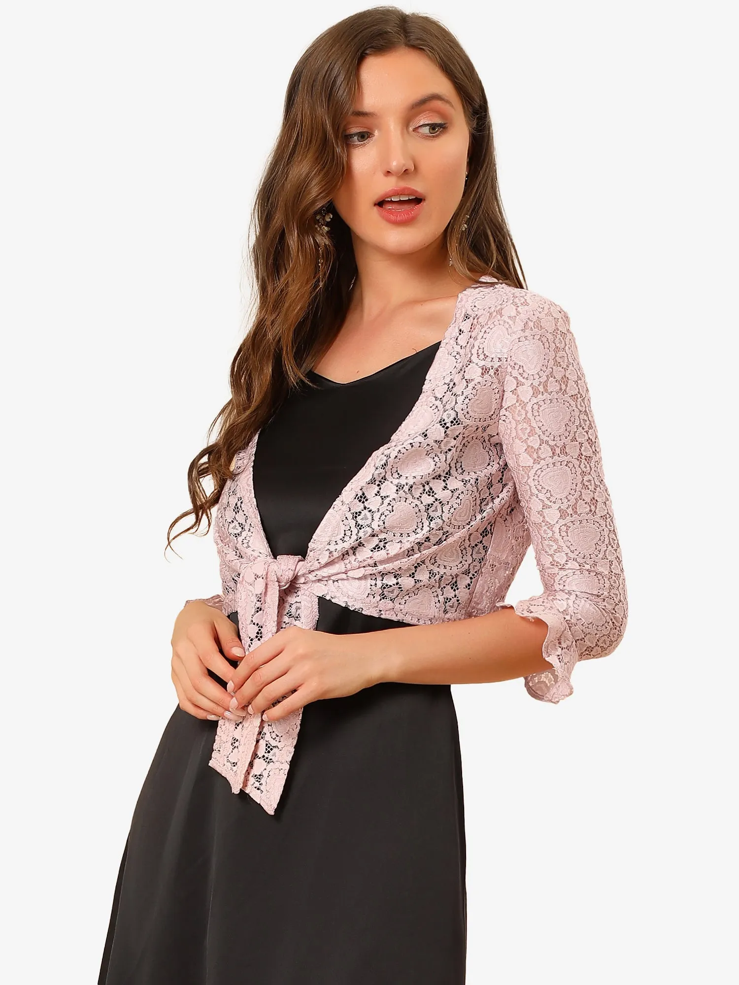 Elegant Ruffle 3/4 Sleeve Cropped Tie Front Lace Bolero Shrug