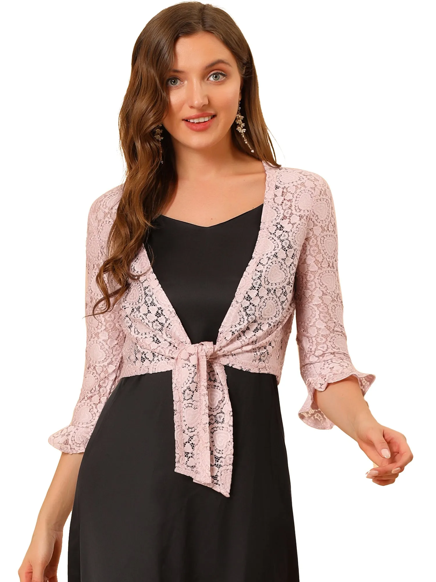Elegant Ruffle 3/4 Sleeve Cropped Tie Front Lace Bolero Shrug