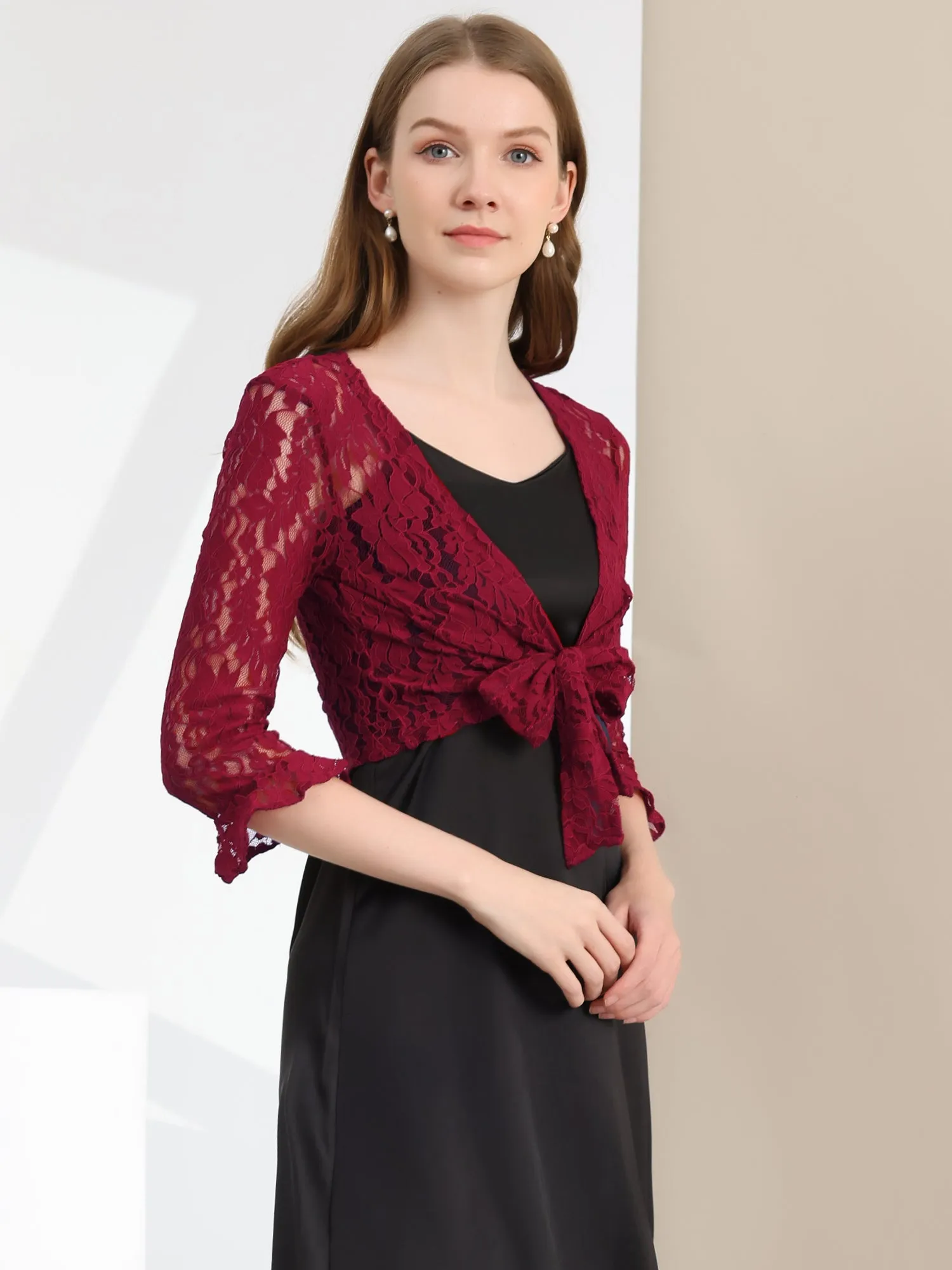 Elegant Ruffle 3/4 Sleeve Cropped Tie Front Lace Bolero Shrug