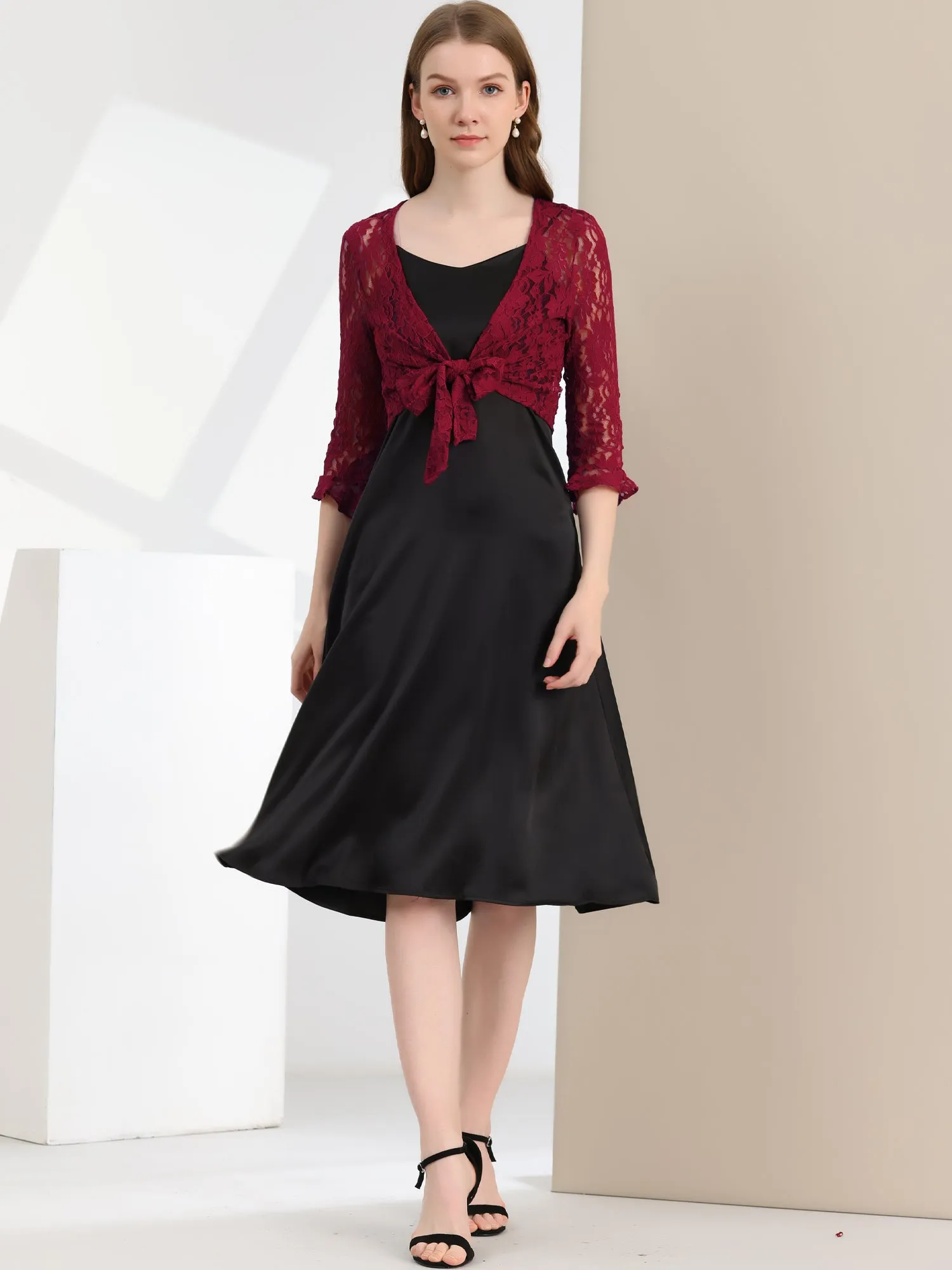 Elegant Ruffle 3/4 Sleeve Cropped Tie Front Lace Bolero Shrug