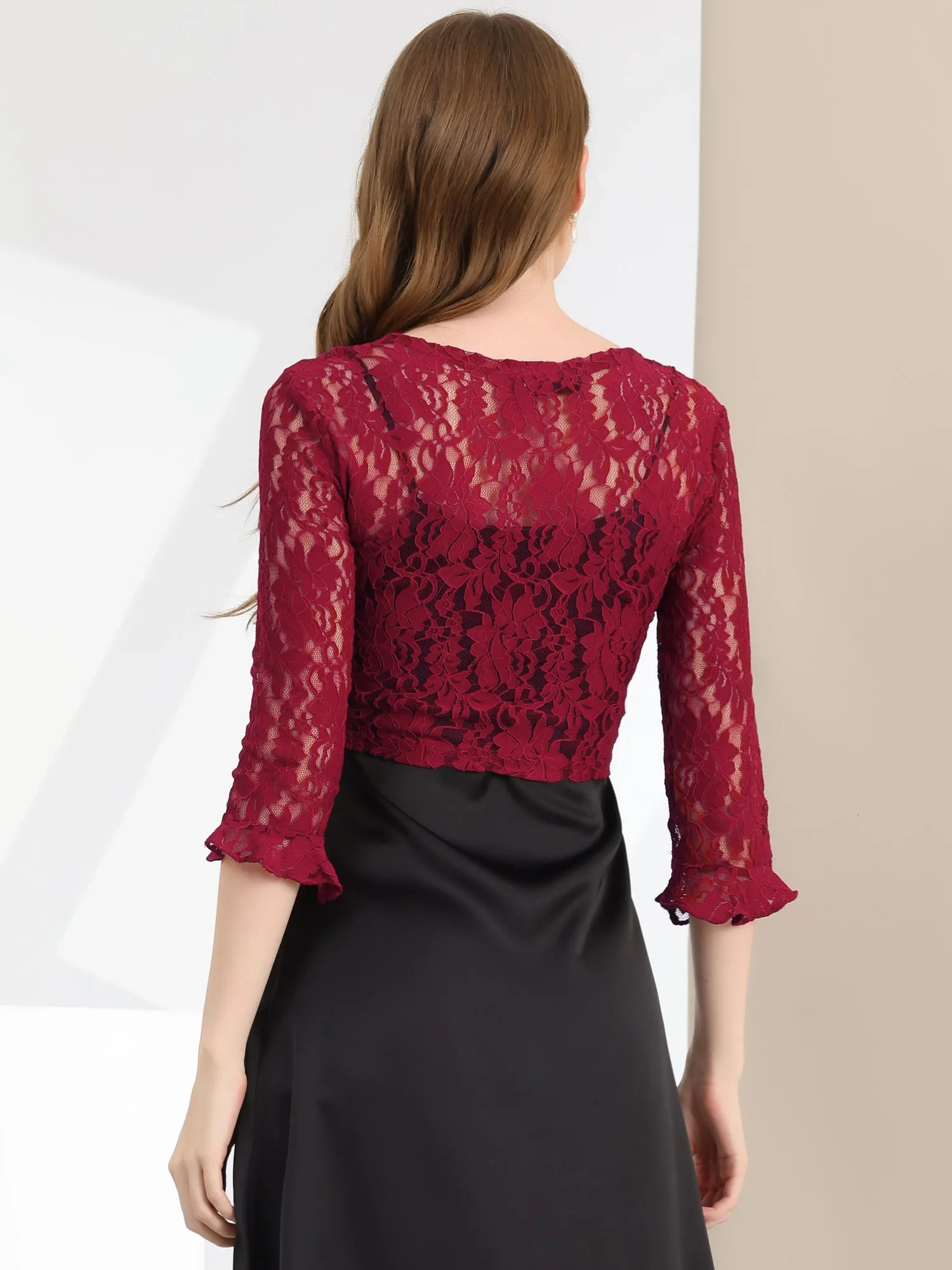 Elegant Ruffle 3/4 Sleeve Cropped Tie Front Lace Bolero Shrug