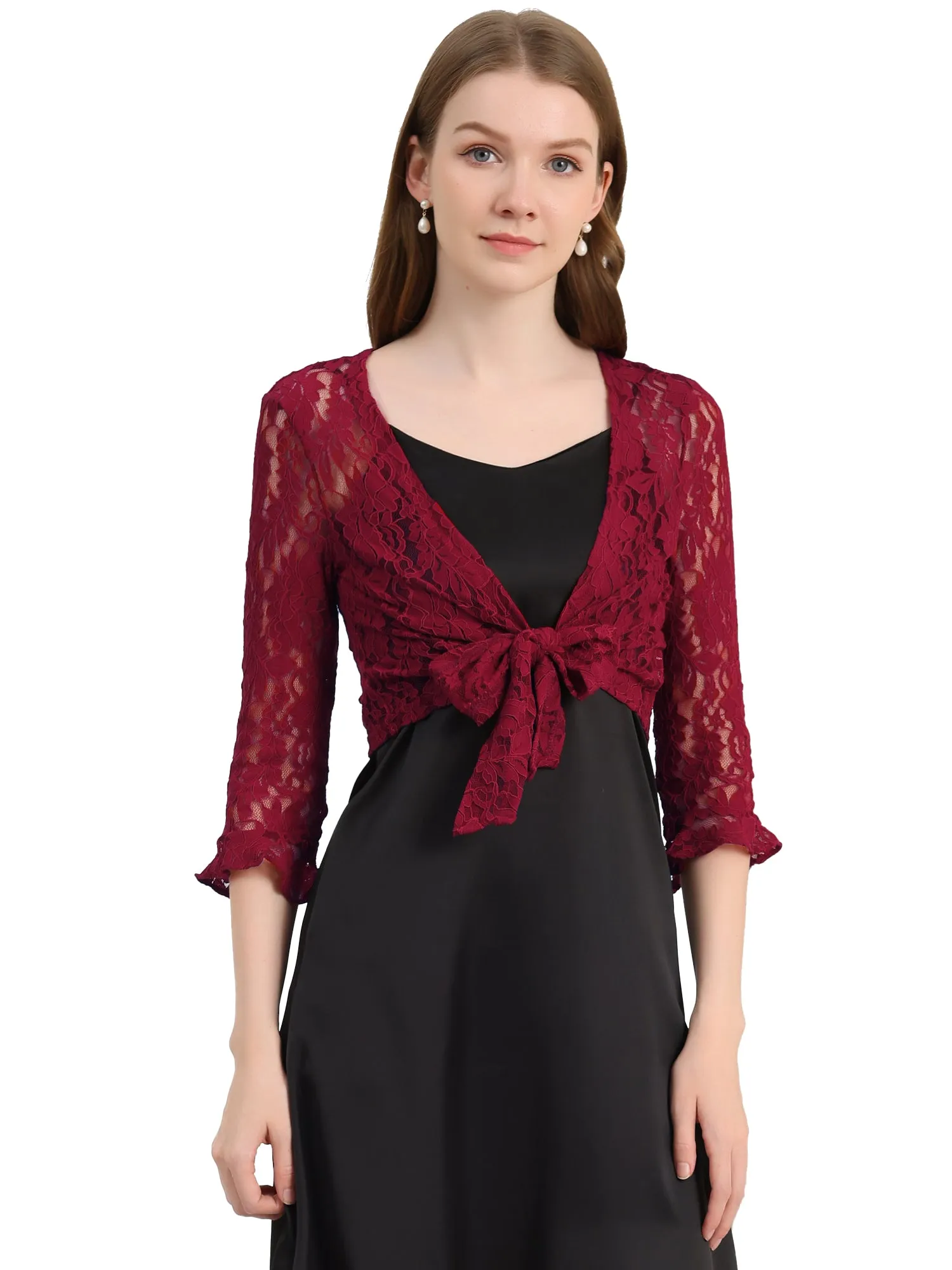 Elegant Ruffle 3/4 Sleeve Cropped Tie Front Lace Bolero Shrug