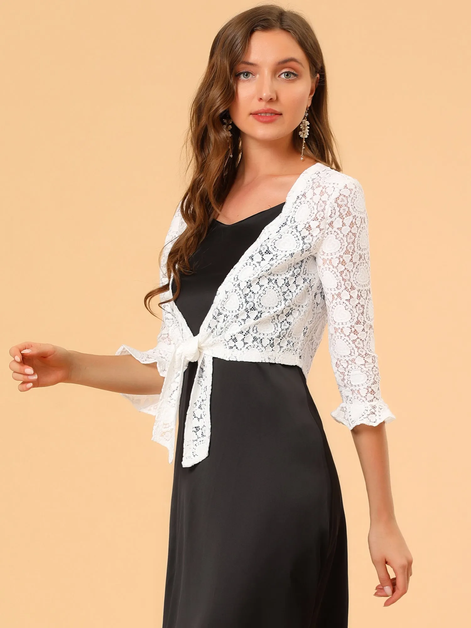 Elegant Ruffle 3/4 Sleeve Cropped Tie Front Lace Bolero Shrug