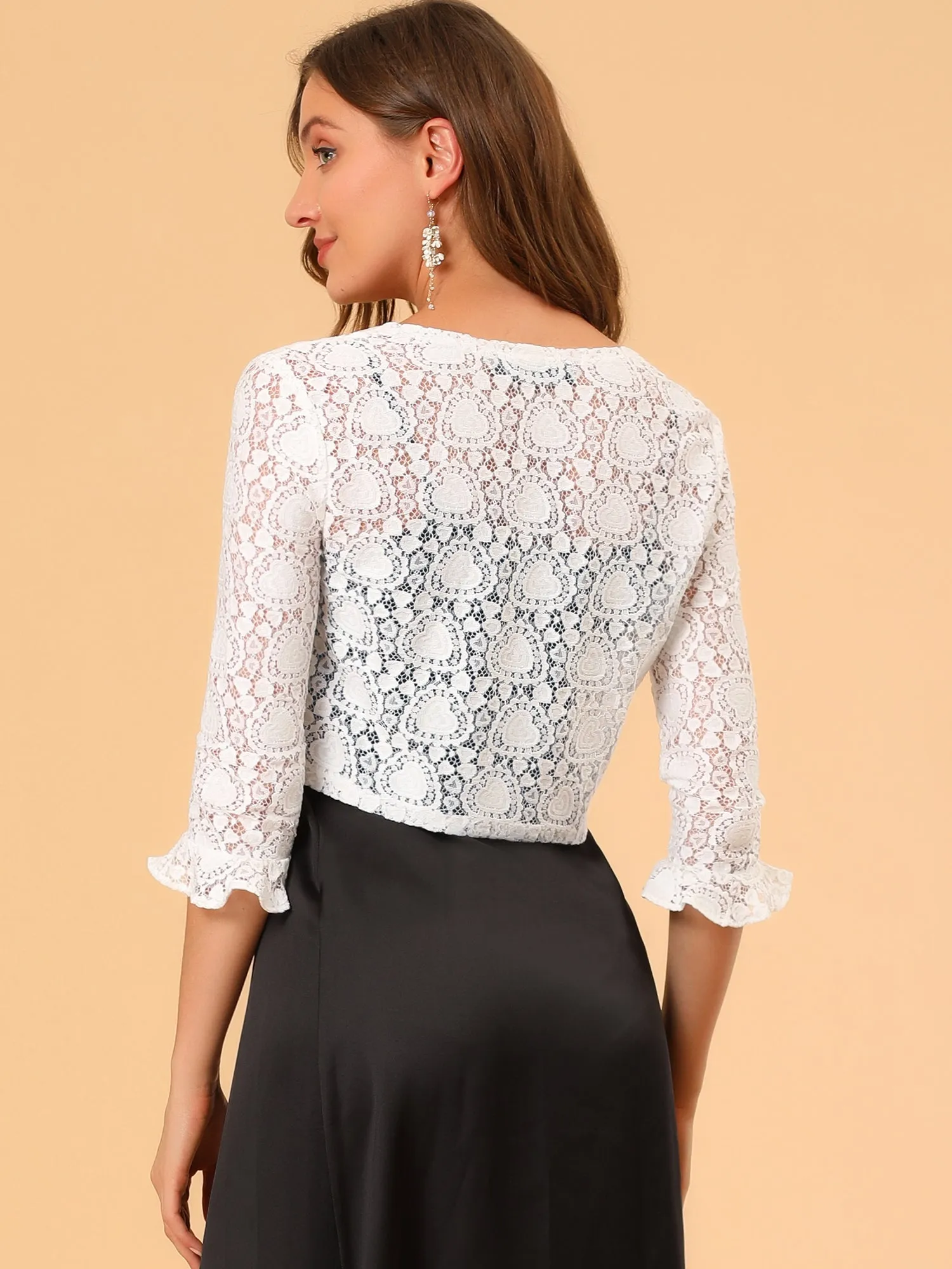 Elegant Ruffle 3/4 Sleeve Cropped Tie Front Lace Bolero Shrug