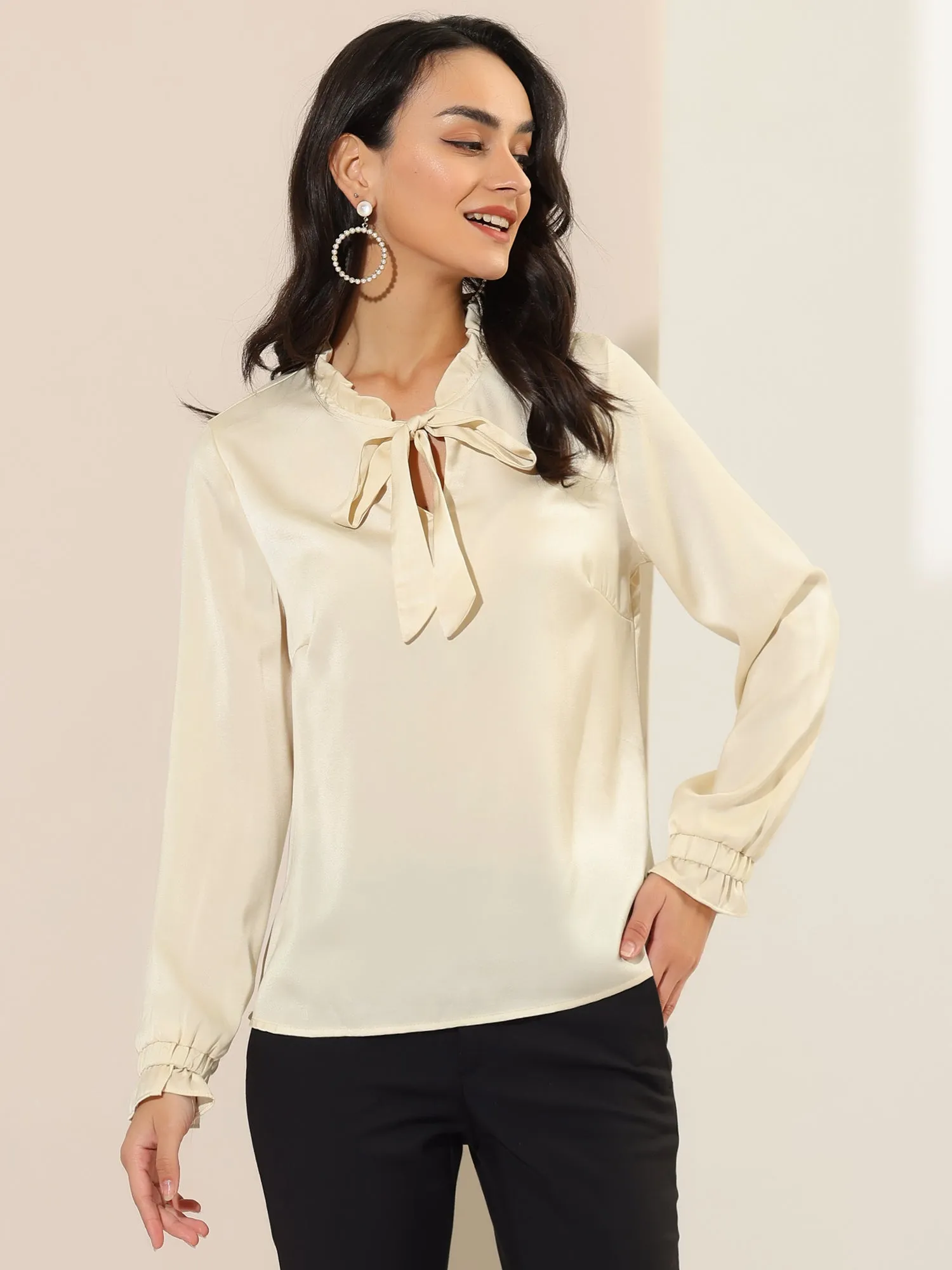 Elegant Ruffle Tie Neck Long Sleeve Work Office Satin Blouse Top
