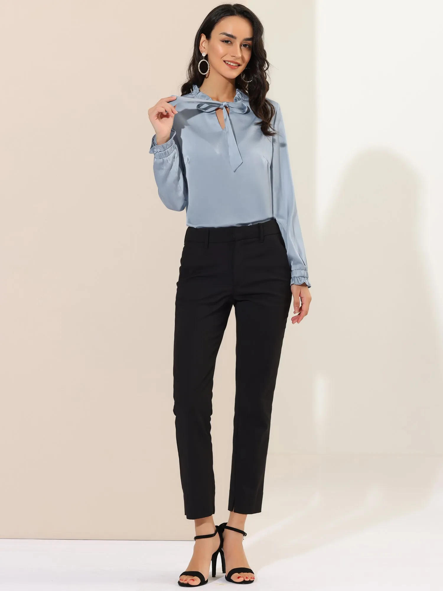 Elegant Ruffle Tie Neck Long Sleeve Work Office Satin Blouse Top