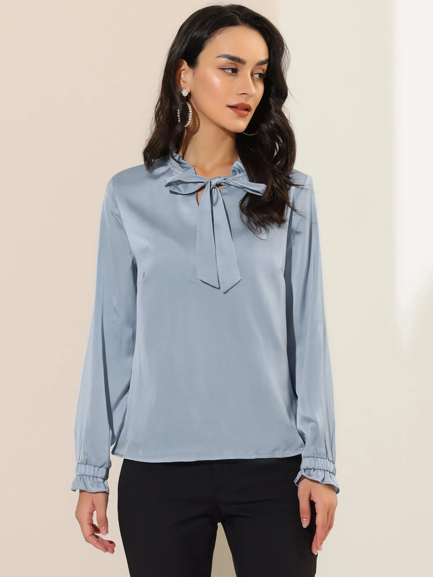 Elegant Ruffle Tie Neck Long Sleeve Work Office Satin Blouse Top