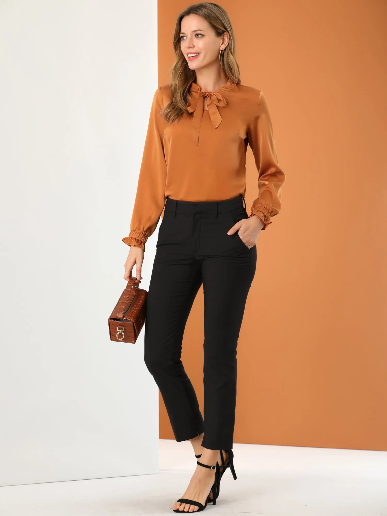 Elegant Ruffle Tie Neck Long Sleeve Work Office Satin Blouse Top