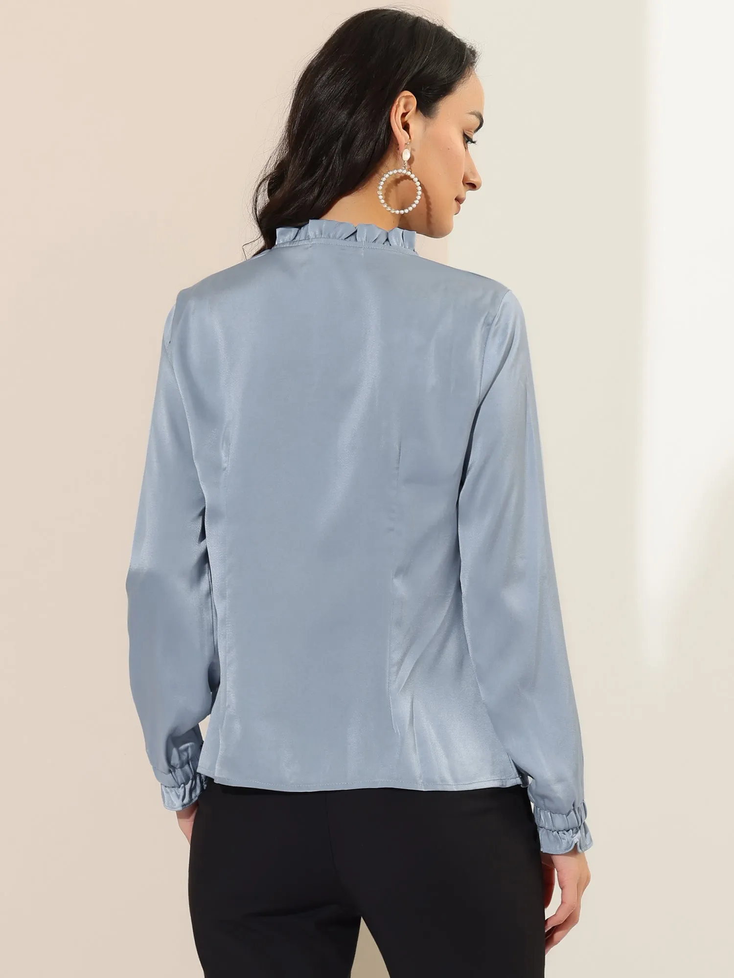Elegant Ruffle Tie Neck Long Sleeve Work Office Satin Blouse Top