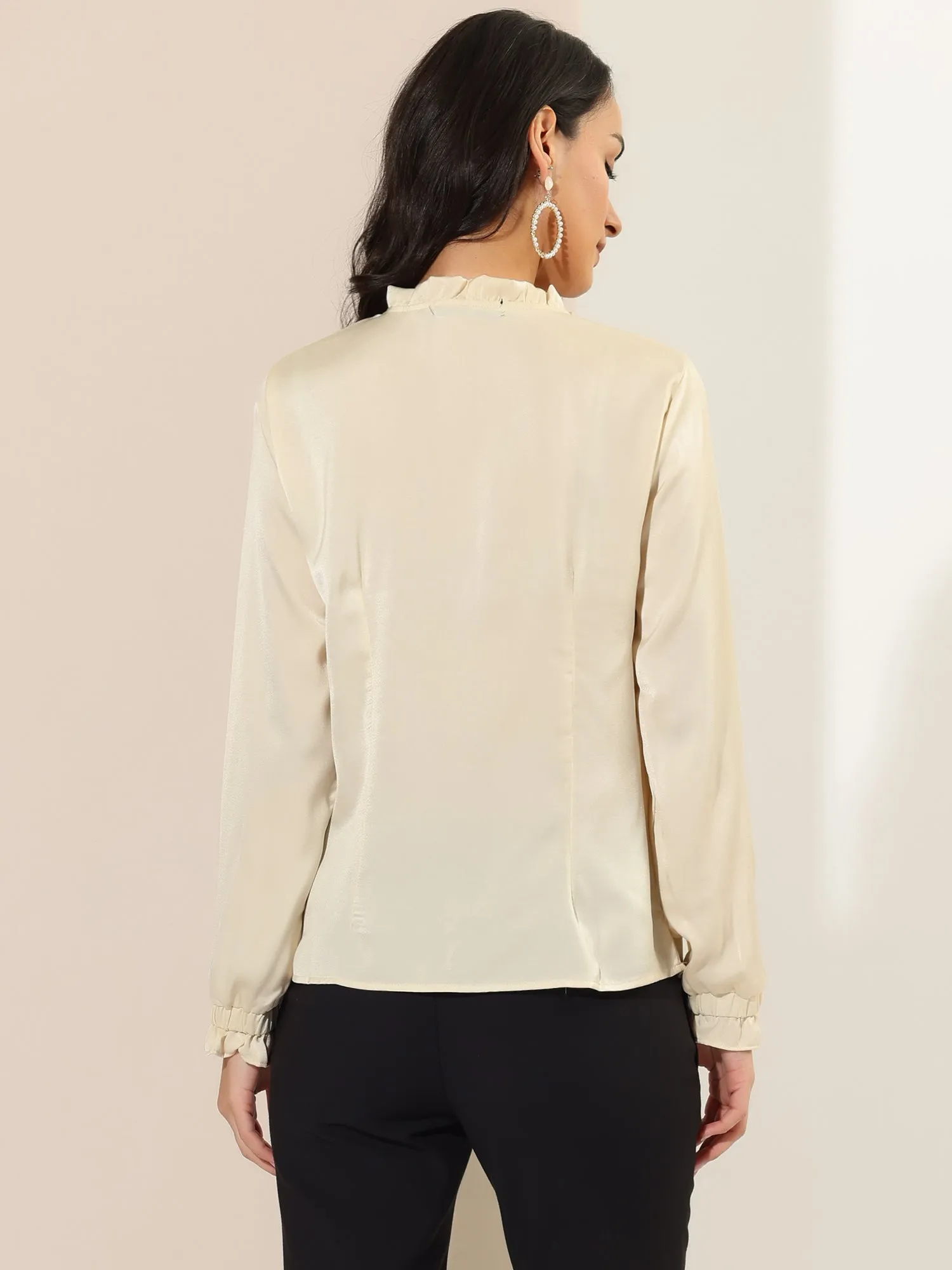 Elegant Ruffle Tie Neck Long Sleeve Work Office Satin Blouse Top
