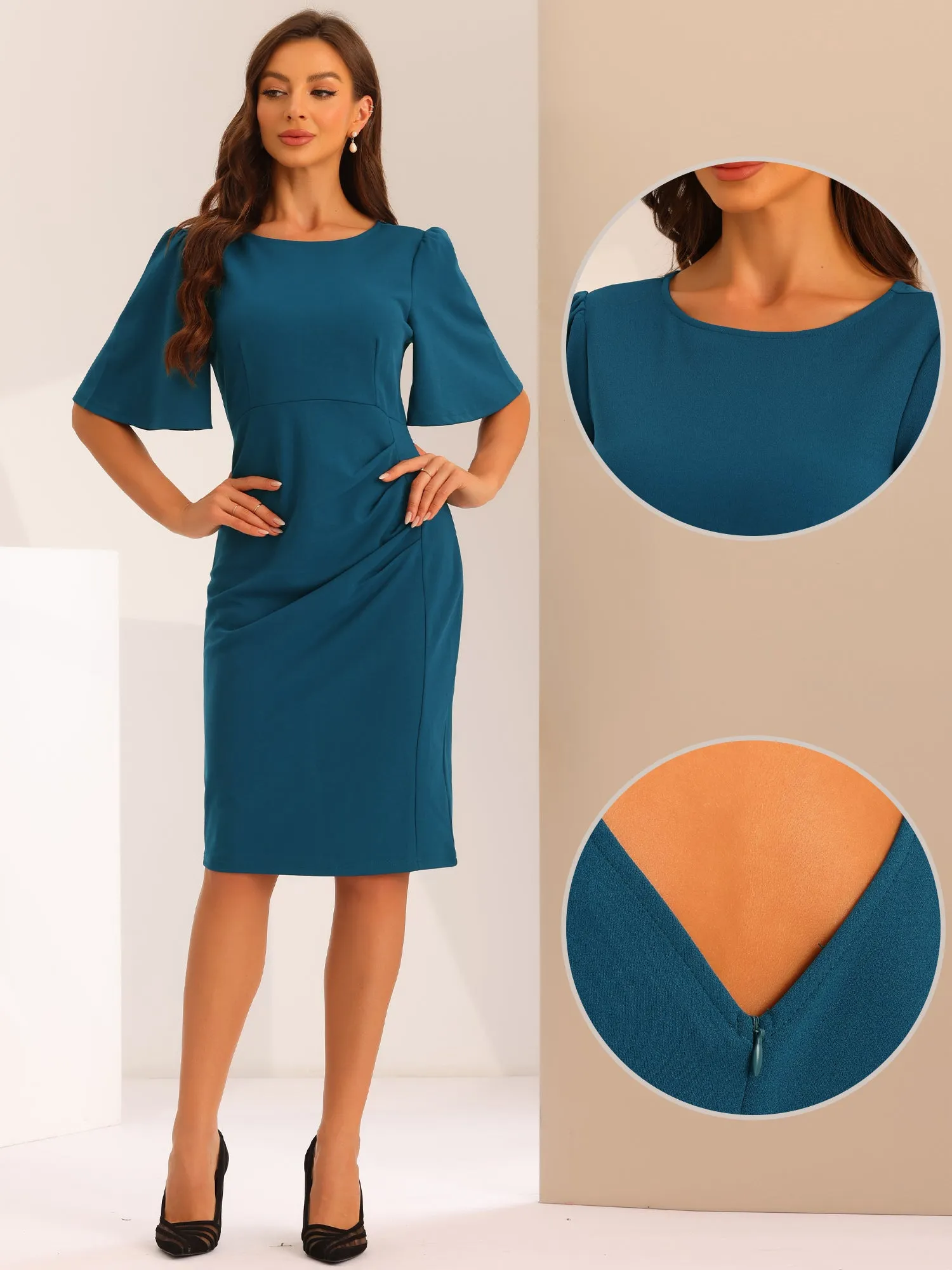 Elegant Sheath Dress Round Neck Ruched Short Flared Sleeve Pencil Dress