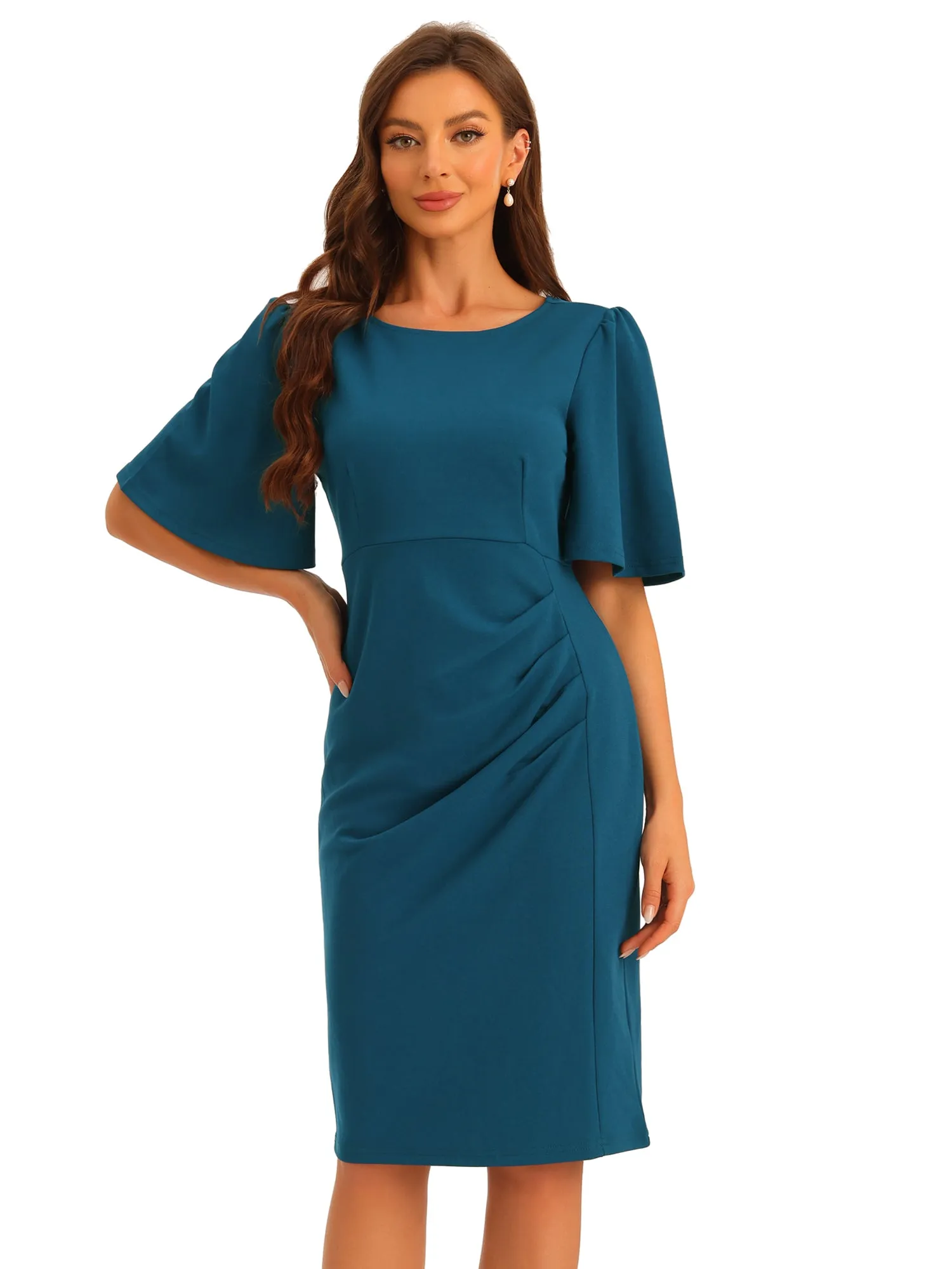 Elegant Sheath Dress Round Neck Ruched Short Flared Sleeve Pencil Dress