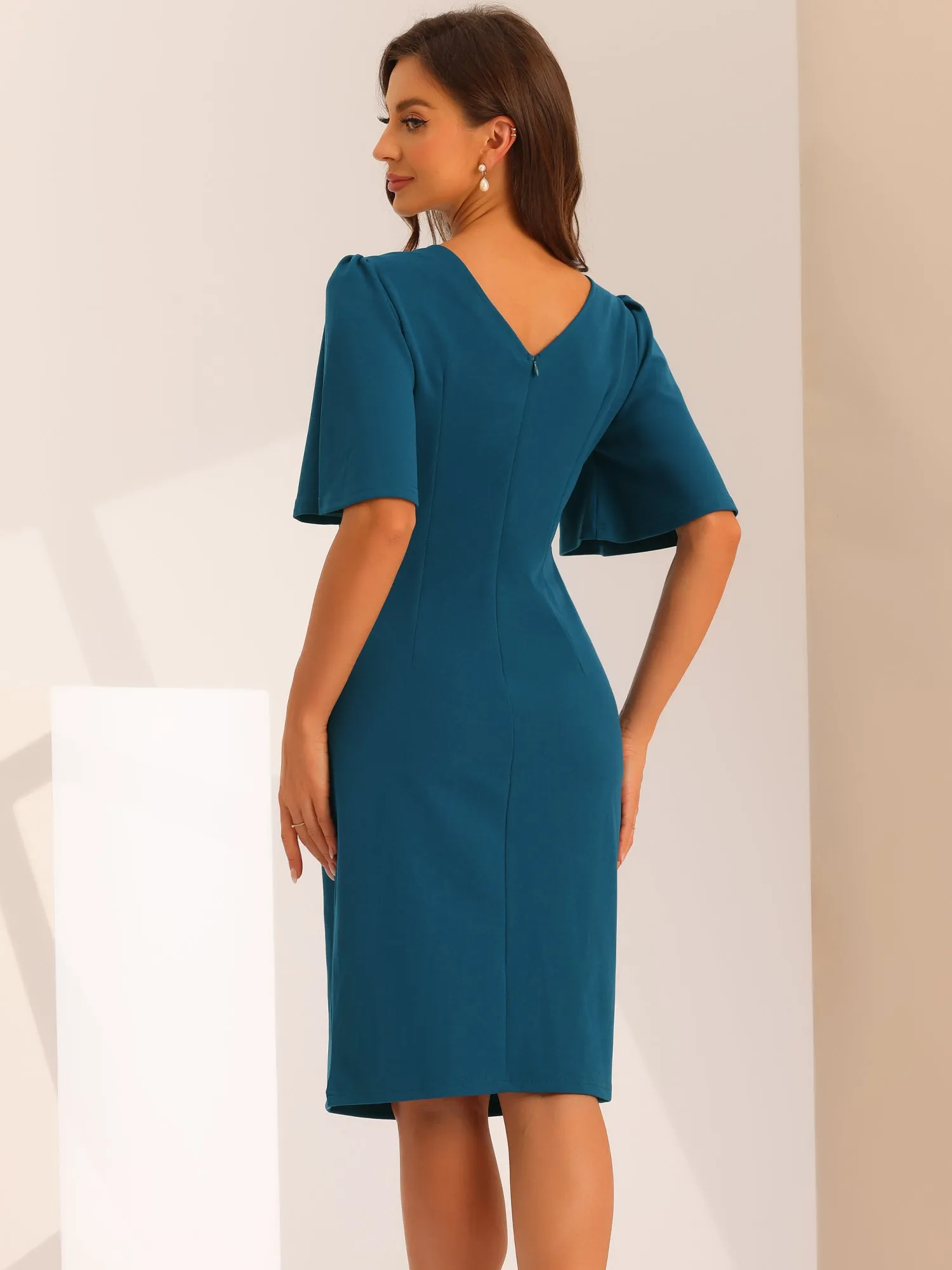 Elegant Sheath Dress Round Neck Ruched Short Flared Sleeve Pencil Dress