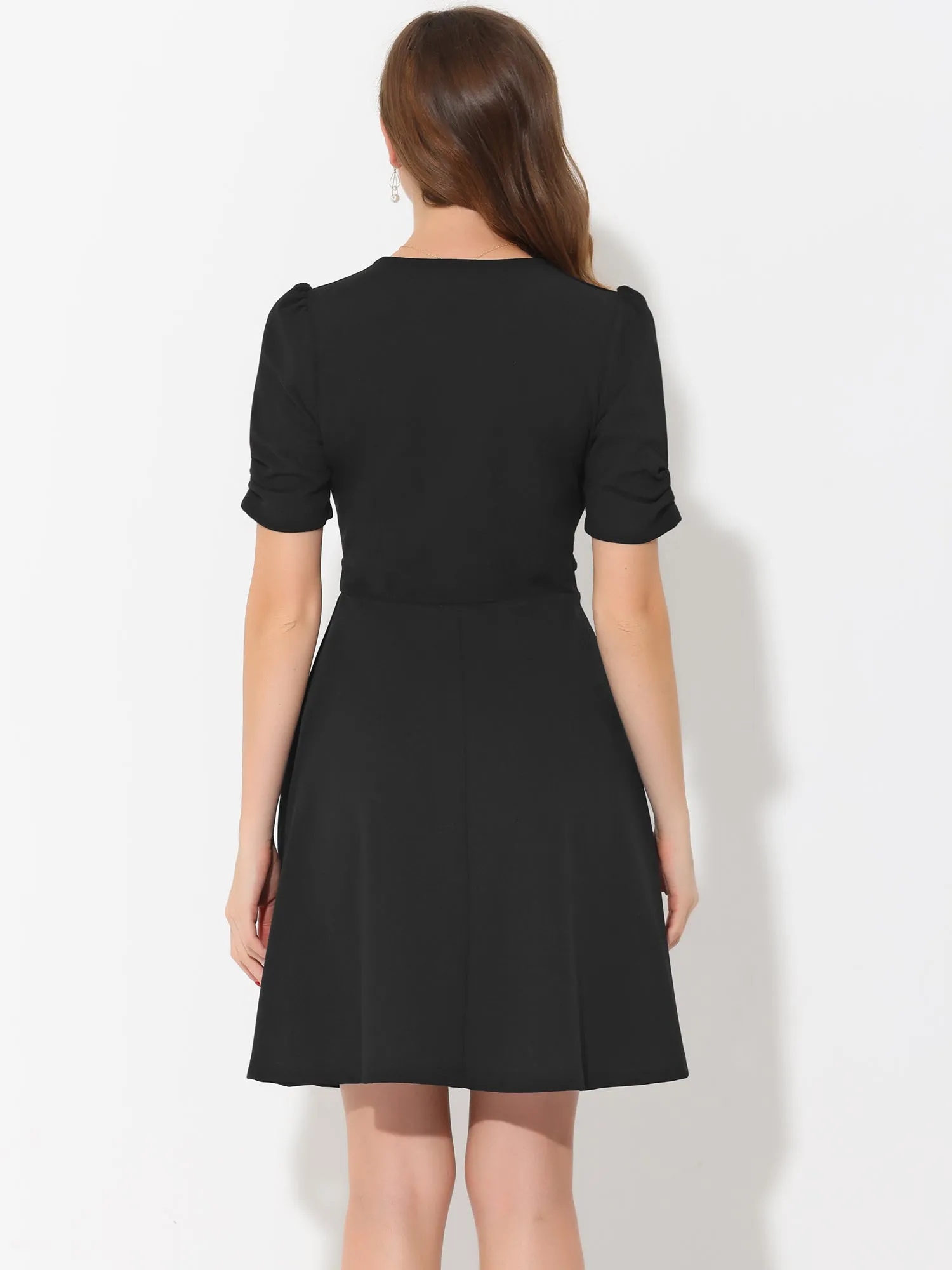 Elegant Short Puff Sleeve V Neck A-Line Zipper Side Office Dress