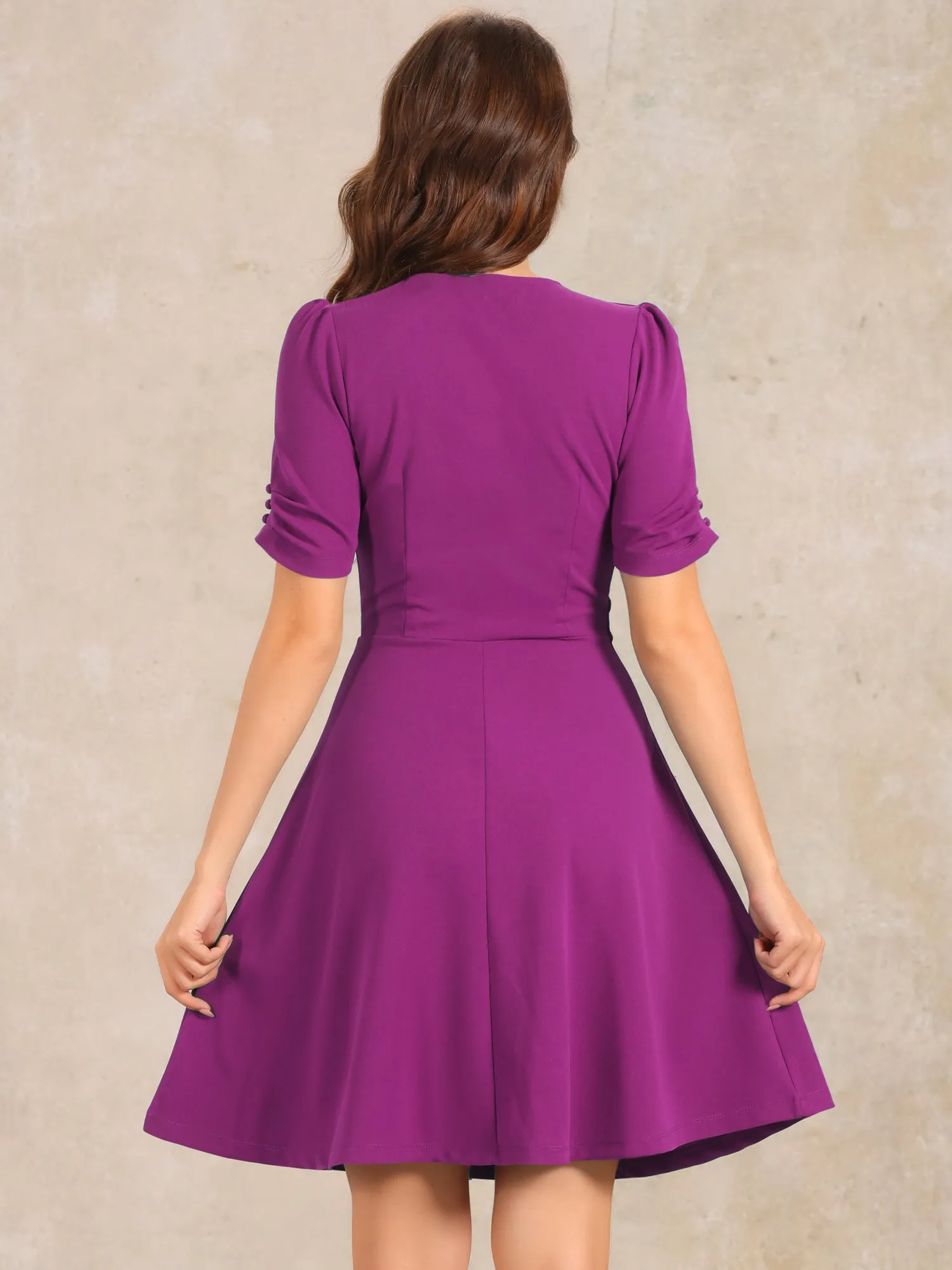 Elegant Short Puff Sleeve V Neck A-Line Zipper Side Office Dress