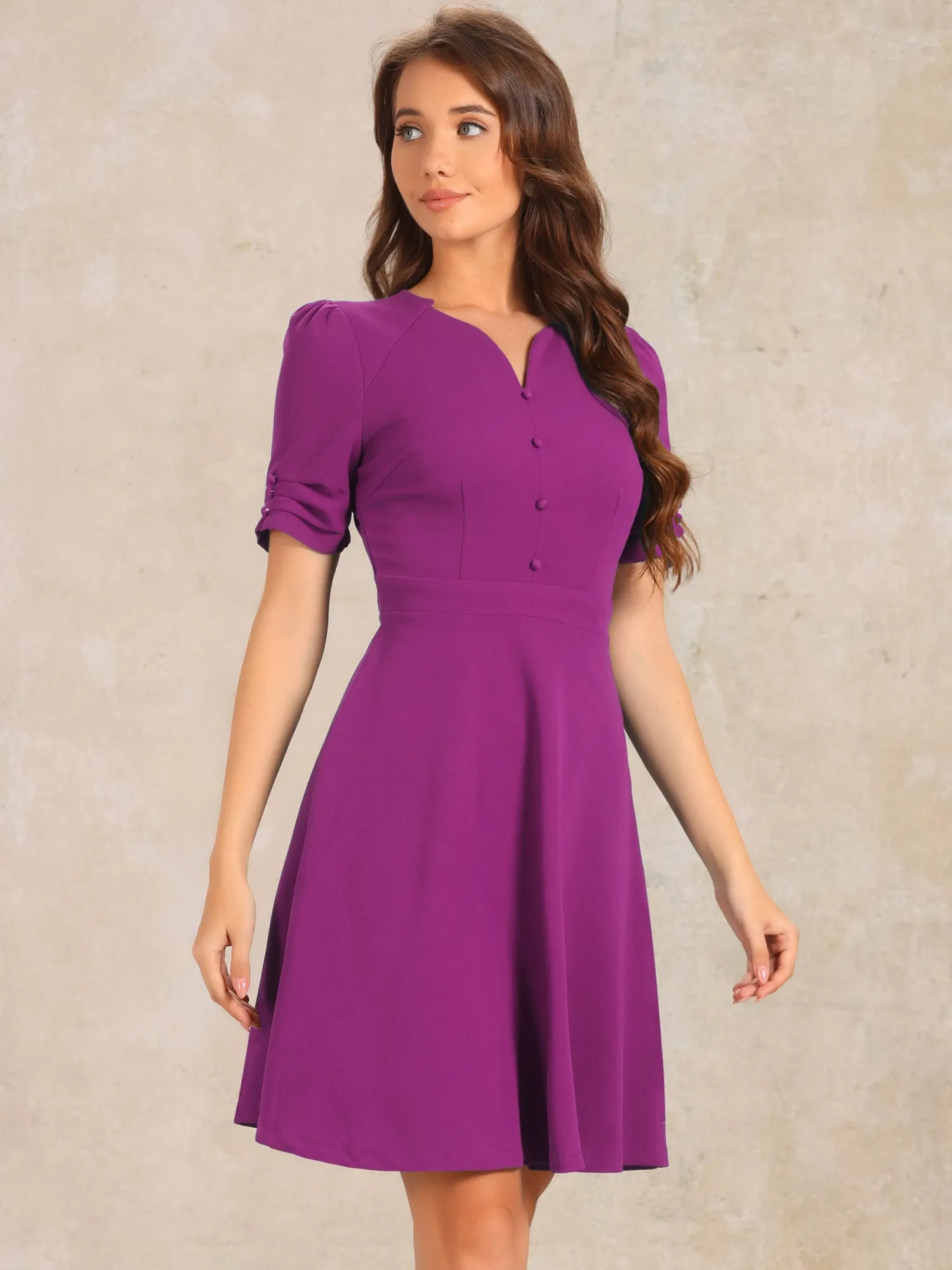 Elegant Short Puff Sleeve V Neck A-Line Zipper Side Office Dress