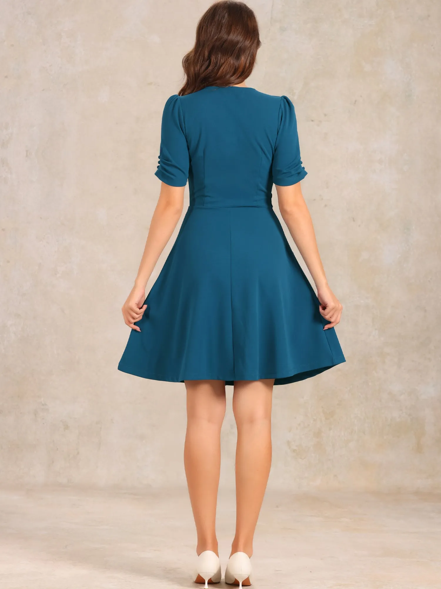Elegant Short Puff Sleeve V Neck A-Line Zipper Side Office Dress