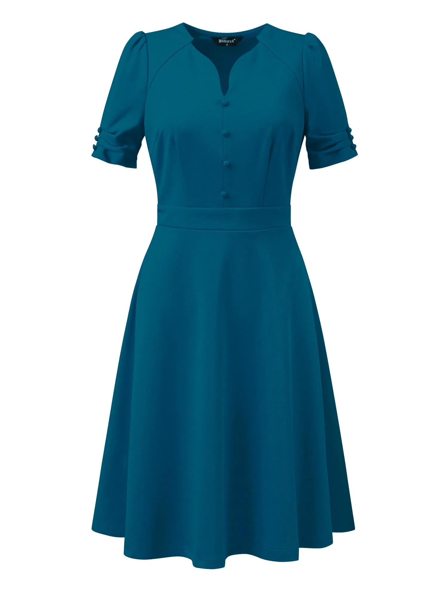 Elegant Short Puff Sleeve V Neck A-Line Zipper Side Office Dress
