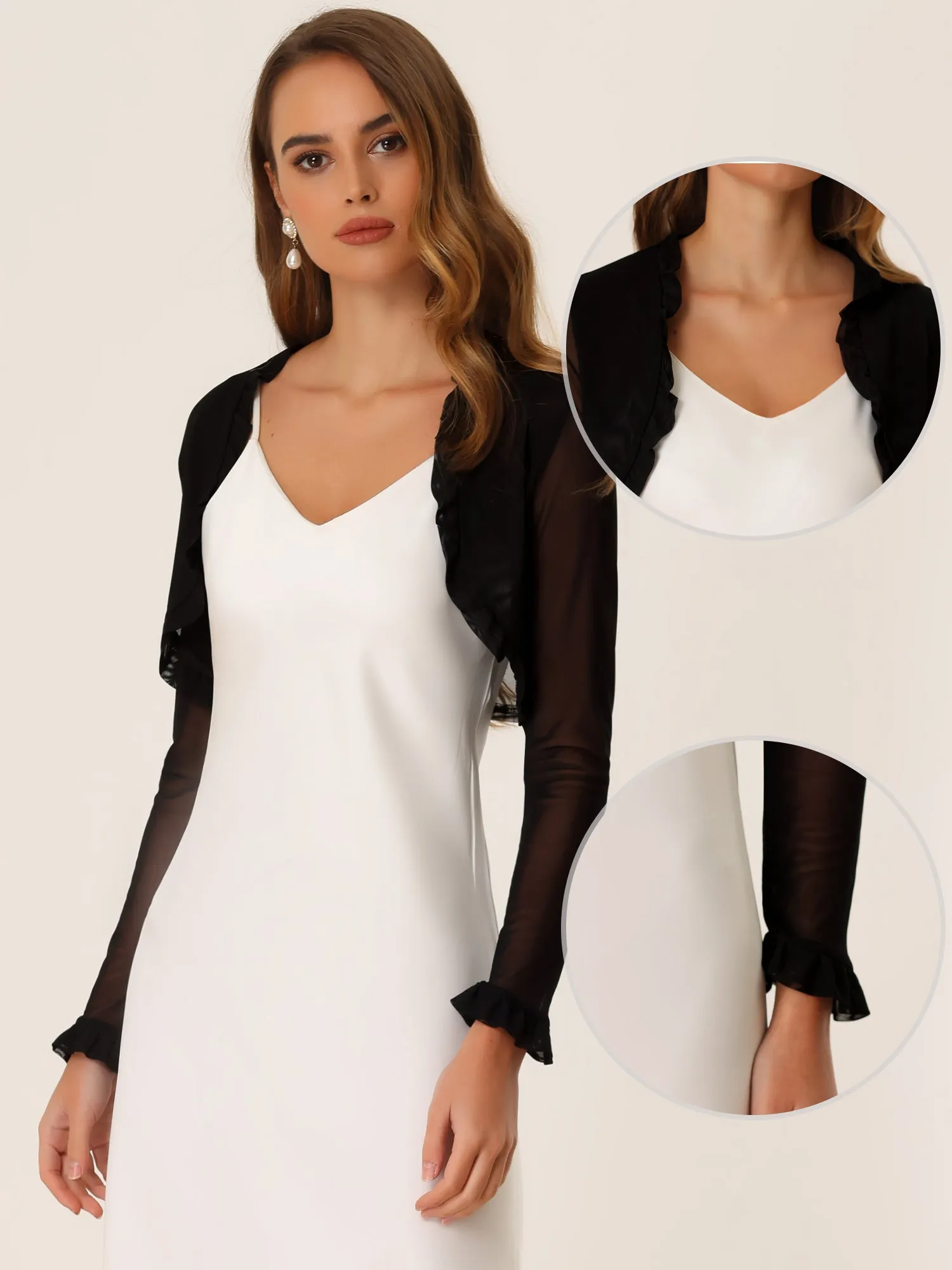 Elegant Shrug Sheer Mesh Bolero Top Ruffle Collar Crop Cardigan