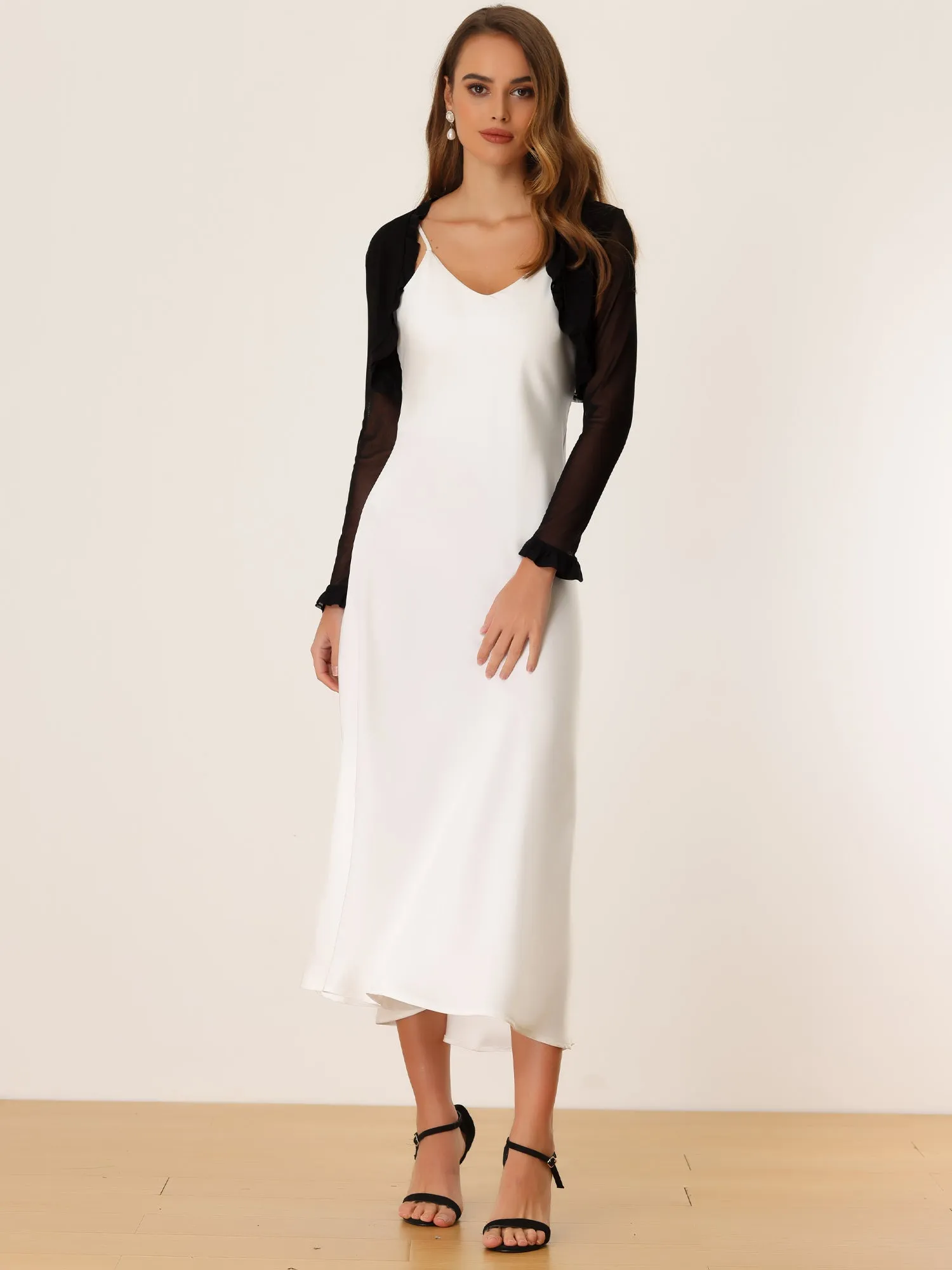Elegant Shrug Sheer Mesh Bolero Top Ruffle Collar Crop Cardigan