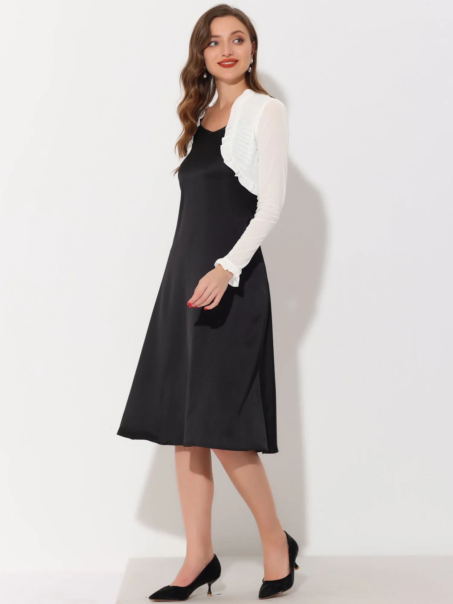 Elegant Shrug Sheer Mesh Bolero Top Ruffle Collar Crop Cardigan