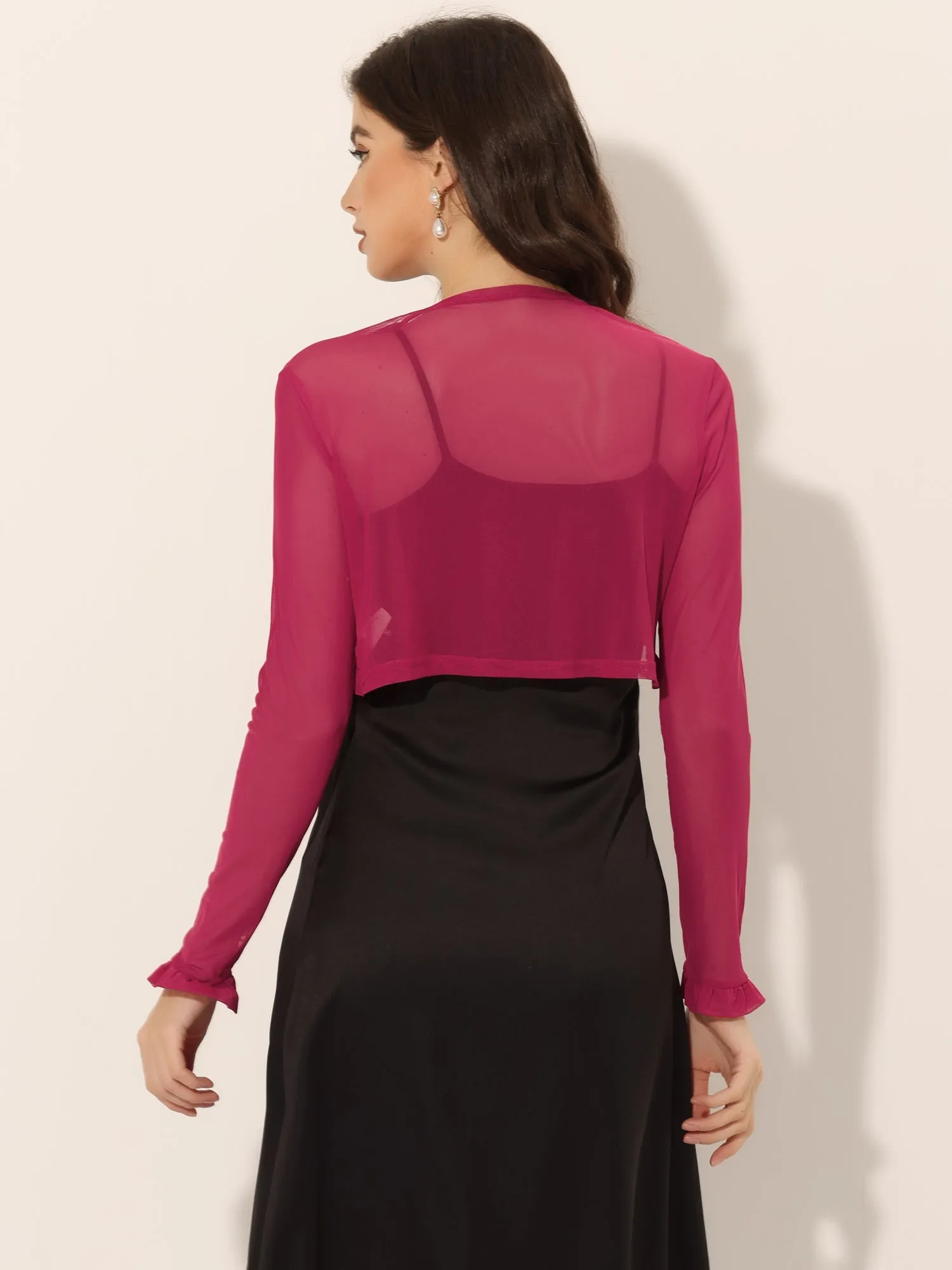 Elegant Shrug Sheer Mesh Bolero Top Ruffle Collar Crop Cardigan