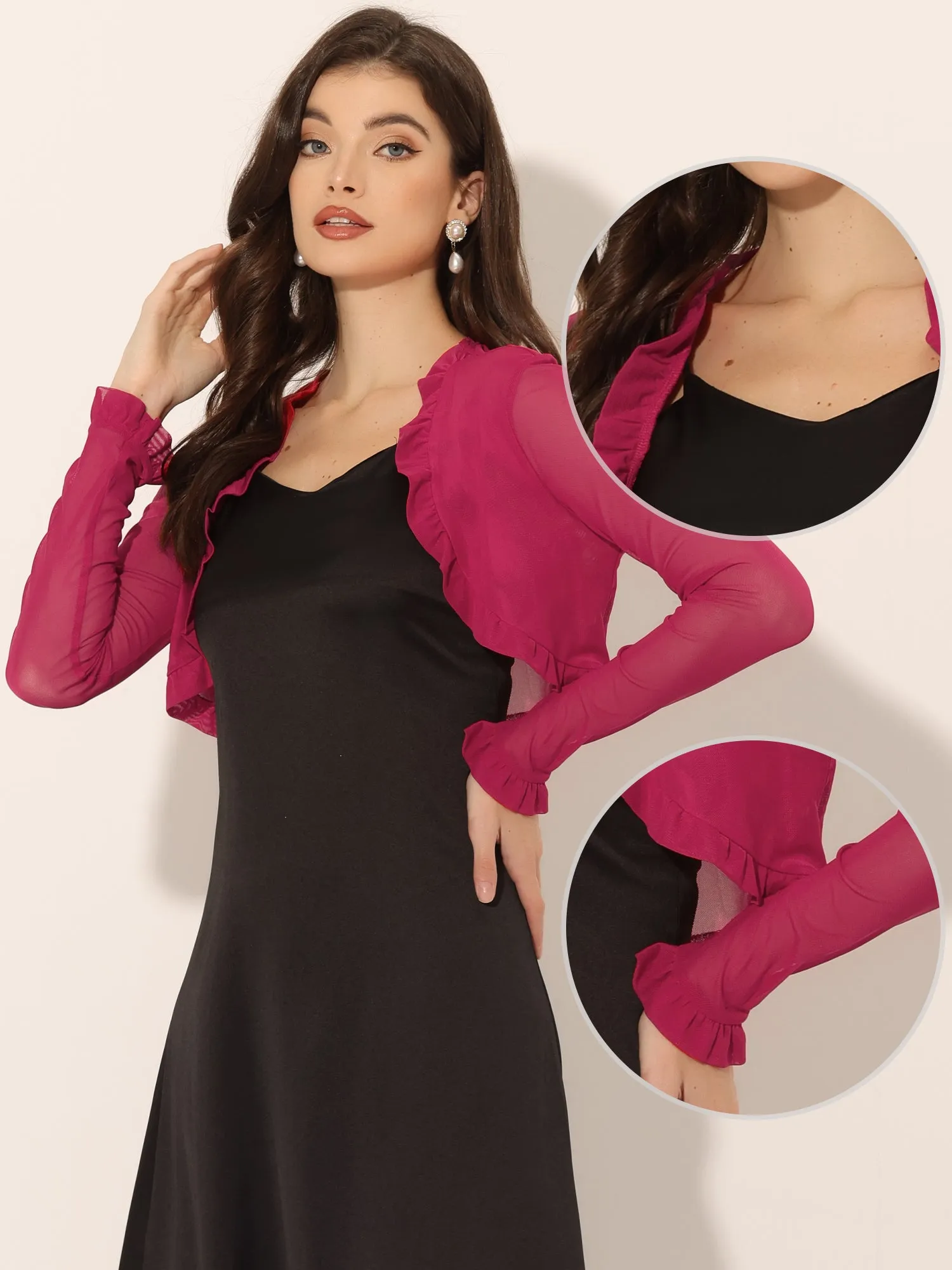 Elegant Shrug Sheer Mesh Bolero Top Ruffle Collar Crop Cardigan