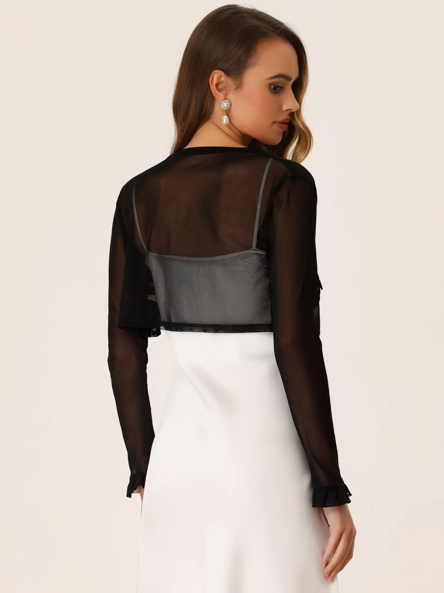 Elegant Shrug Sheer Mesh Bolero Top Ruffle Collar Crop Cardigan