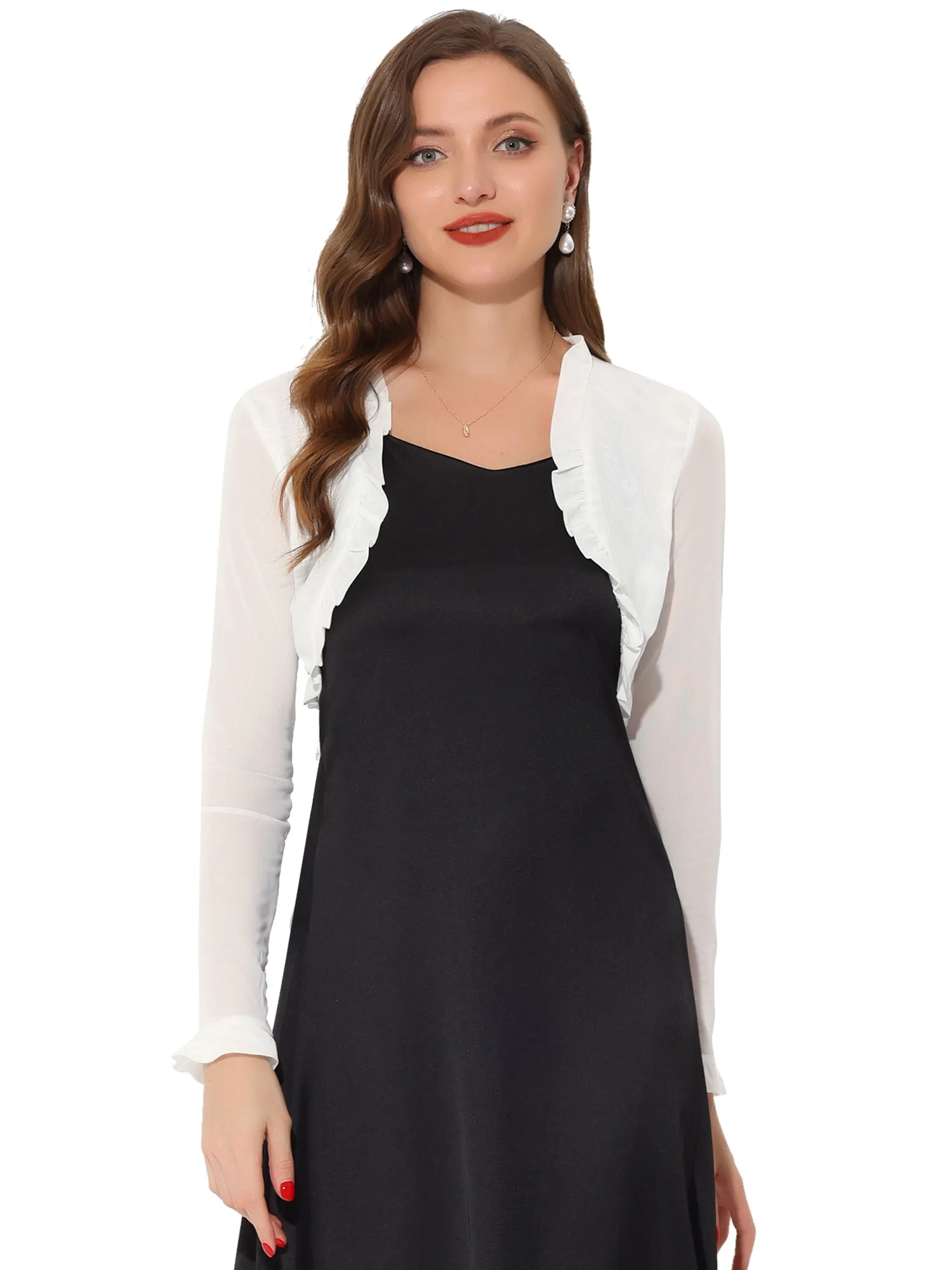 Elegant Shrug Sheer Mesh Bolero Top Ruffle Collar Crop Cardigan
