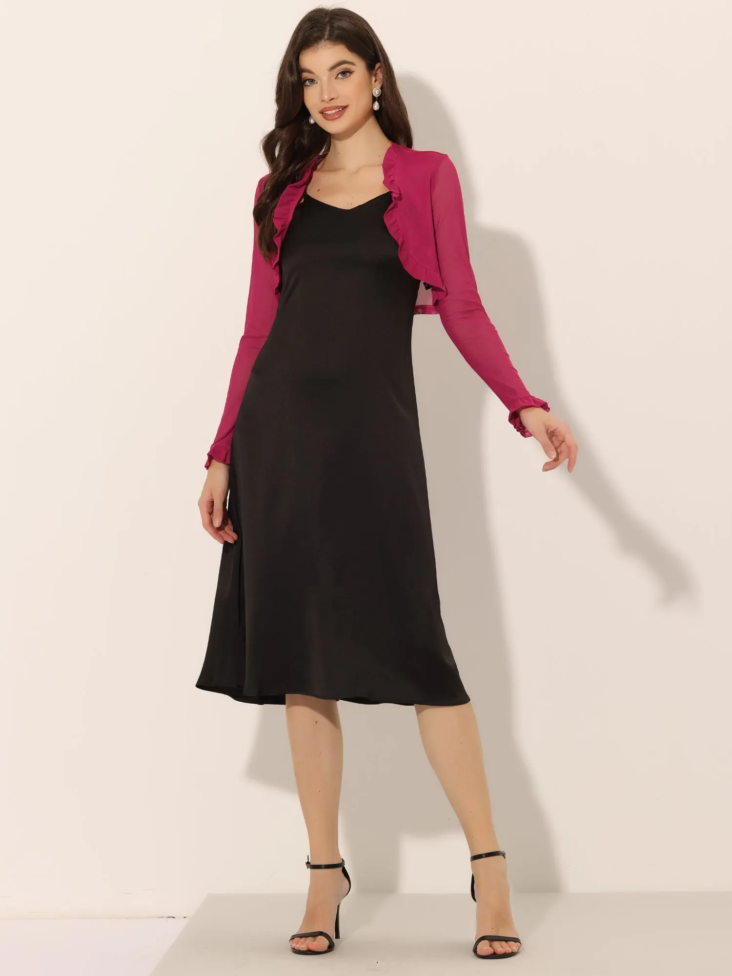 Elegant Shrug Sheer Mesh Bolero Top Ruffle Collar Crop Cardigan