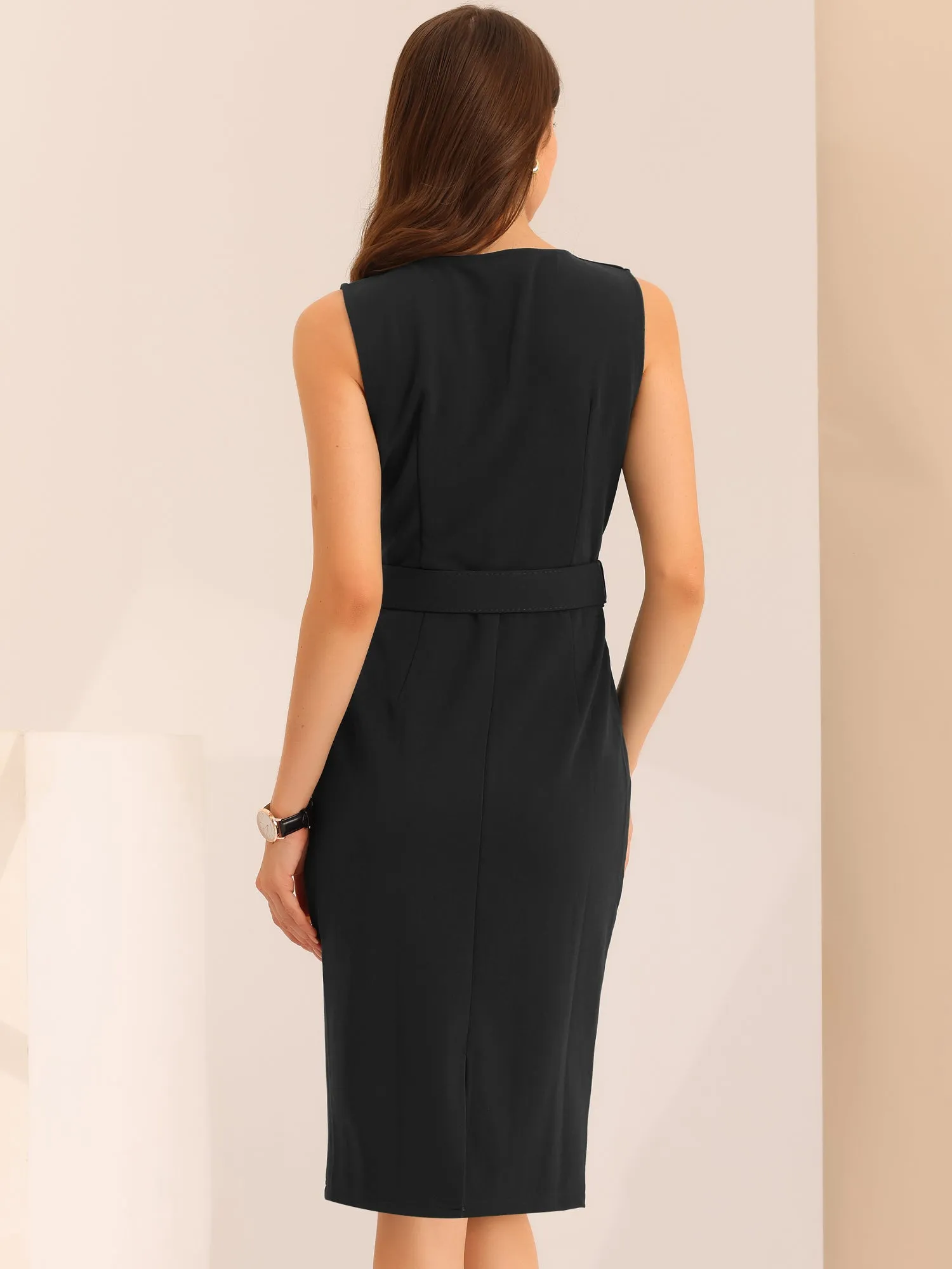 Elegant Sleeveless Work Round Neck Bodycon Sheath Dress