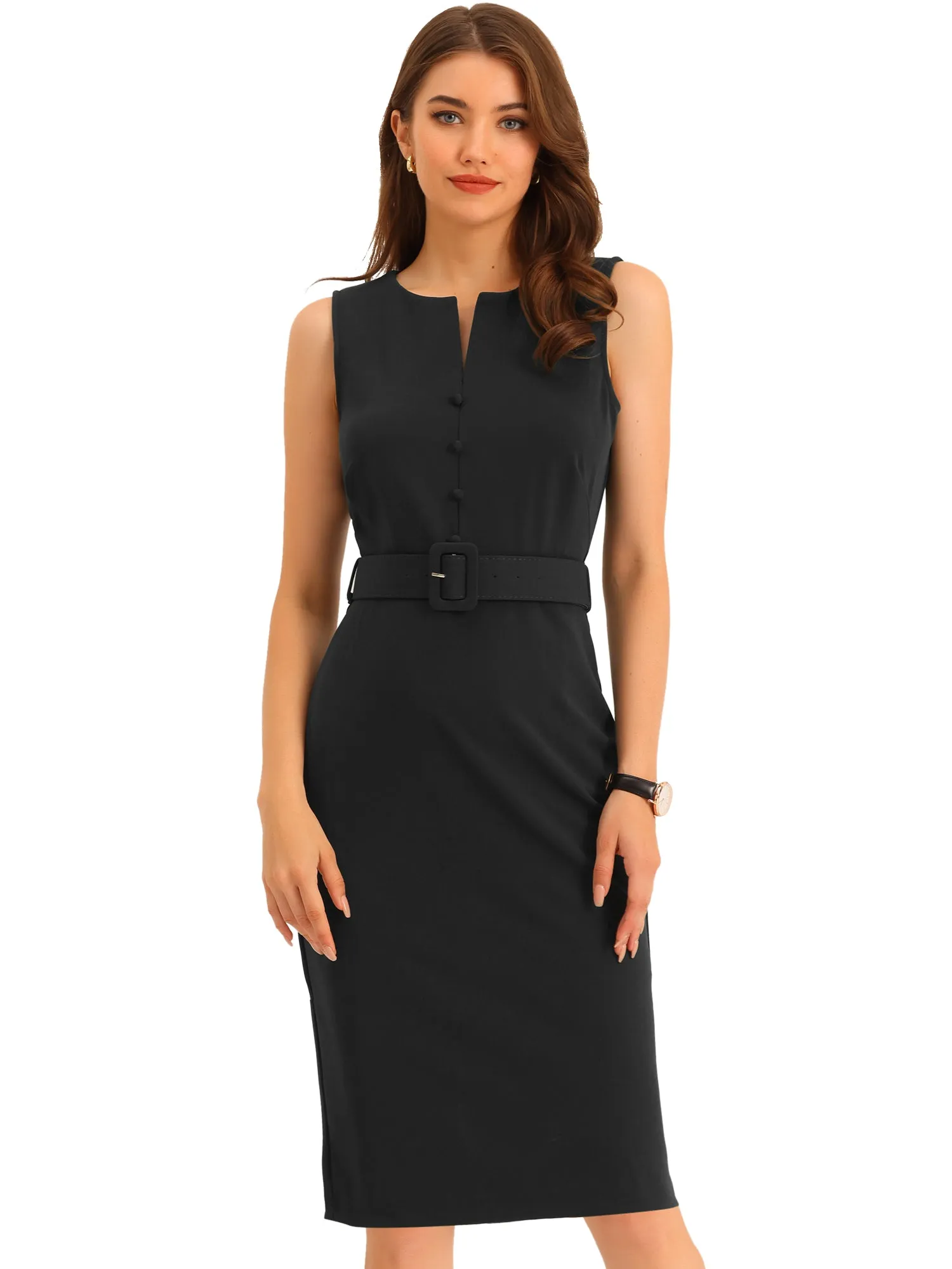Elegant Sleeveless Work Round Neck Bodycon Sheath Dress