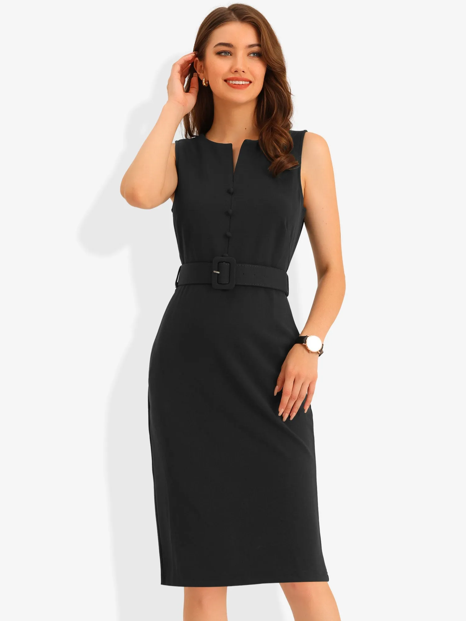 Elegant Sleeveless Work Round Neck Bodycon Sheath Dress