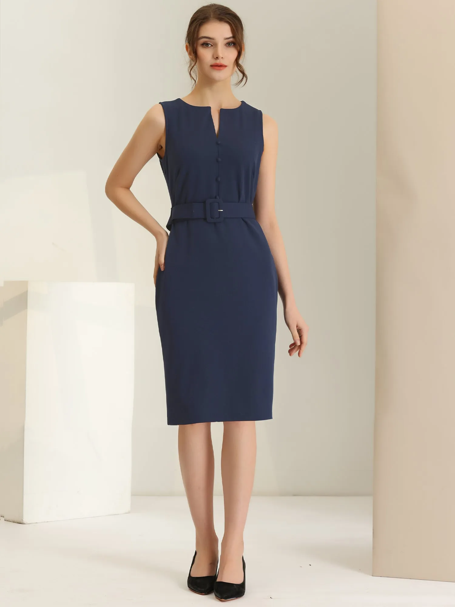 Elegant Sleeveless Work Round Neck Bodycon Sheath Dress